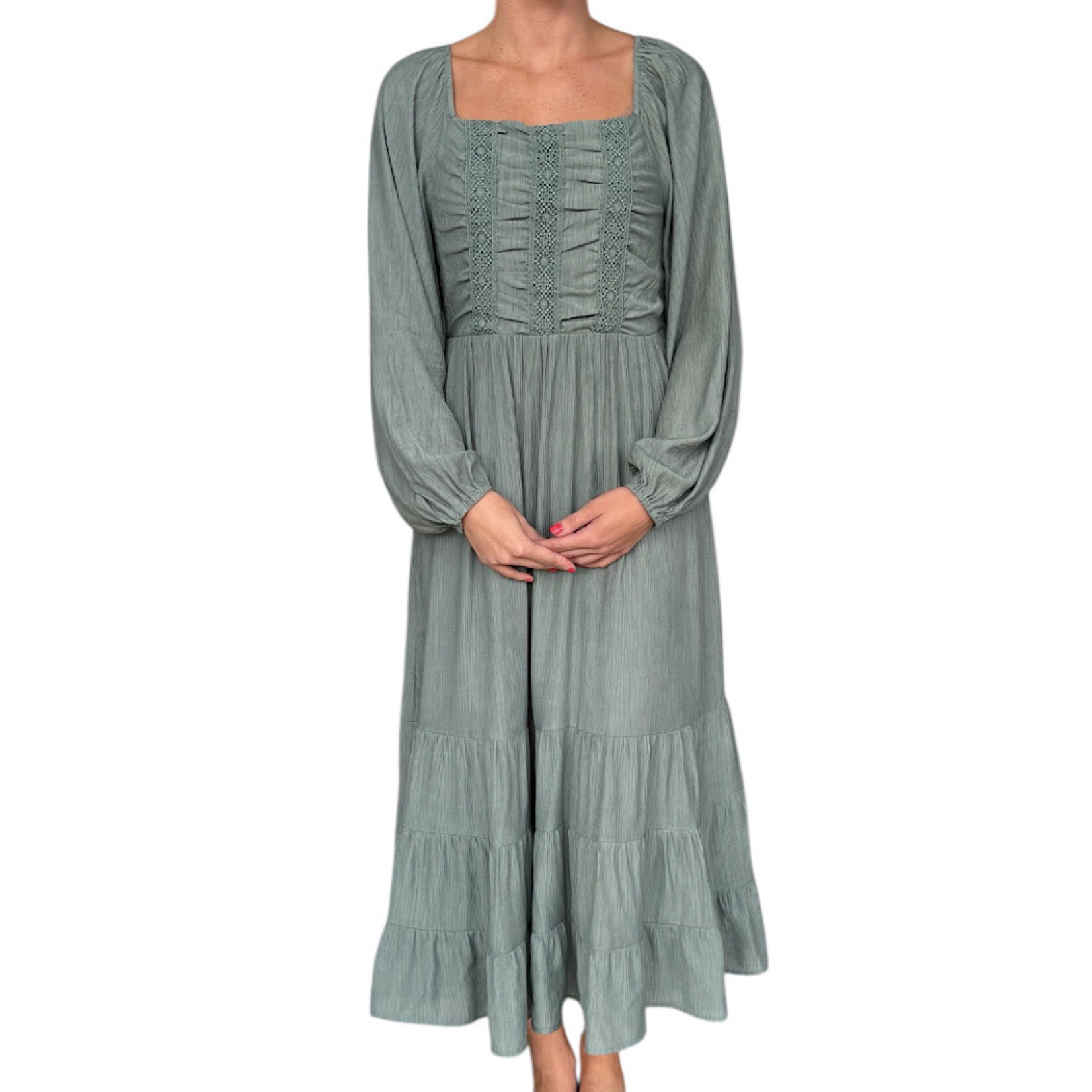 Sage Square Neck Solid Woven Midi Dress with Trim Detail