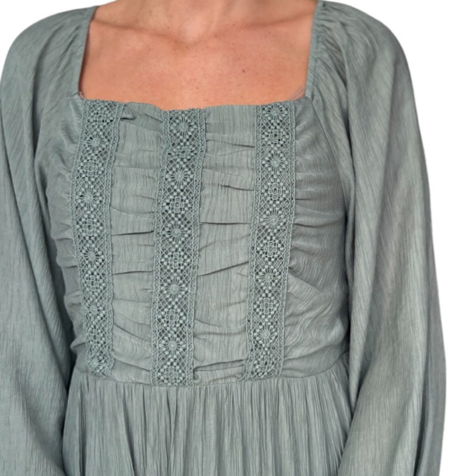 Sage Square Neck Solid Woven Midi Dress with Trim Detail