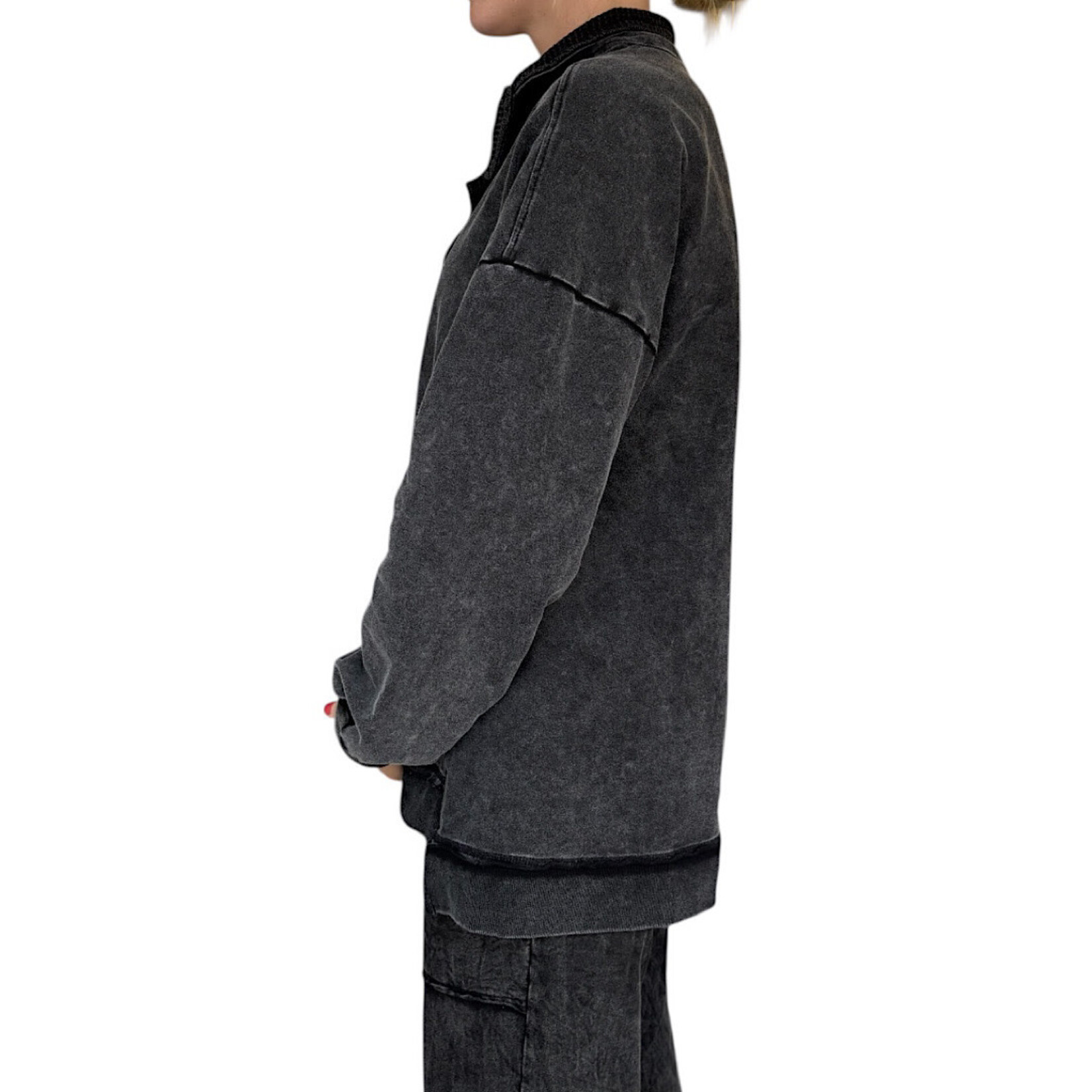 Black Mock Neck Mineral Washed Knit Casual Top