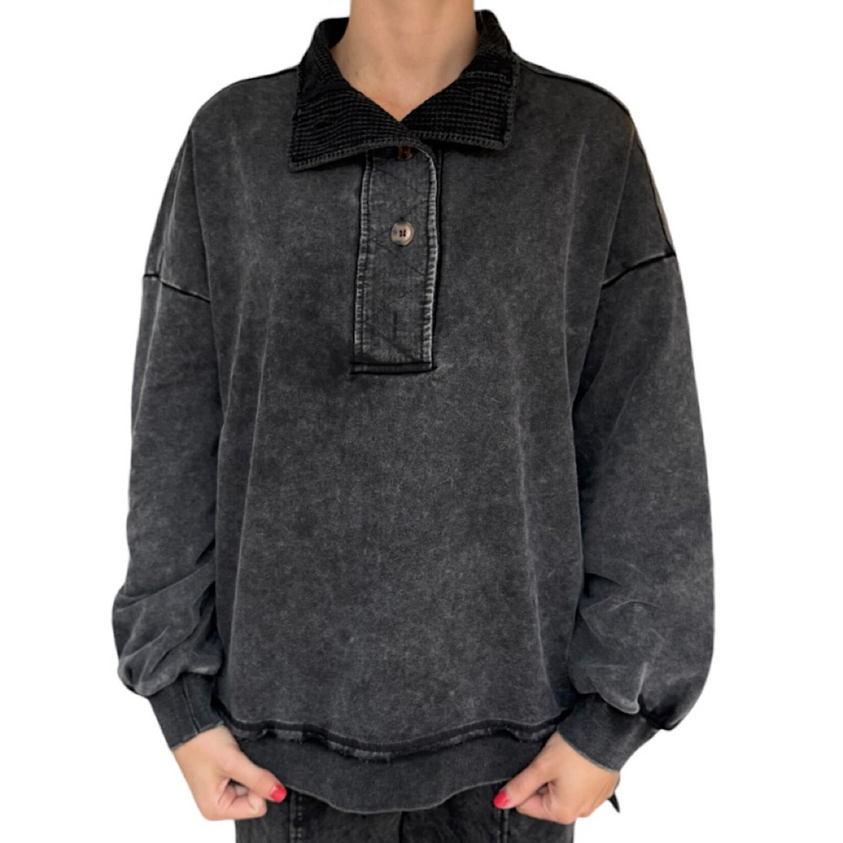 Black Mock Neck Mineral Washed Knit Casual Top