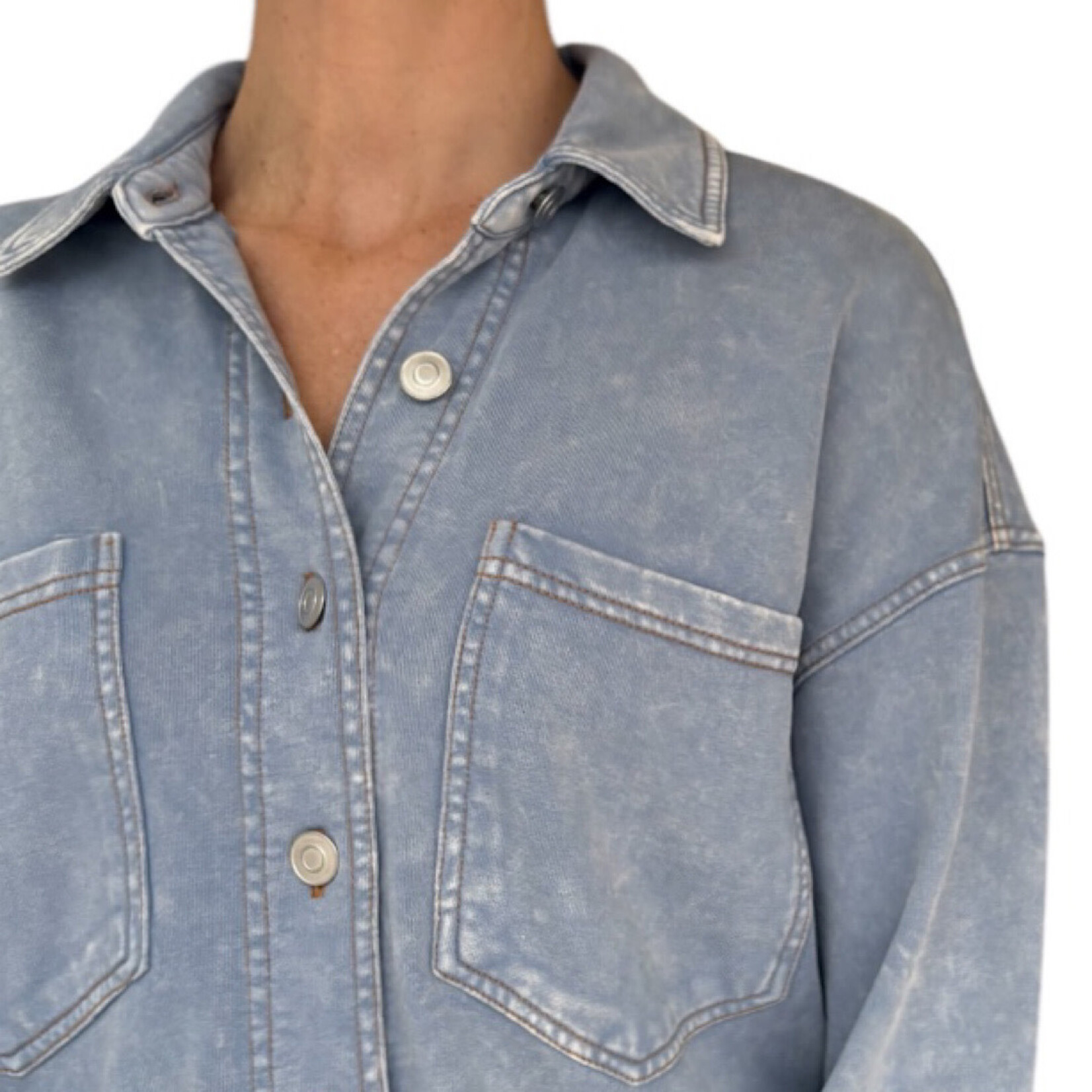 Light Blue Acid Wash Collared Button Down Shacket