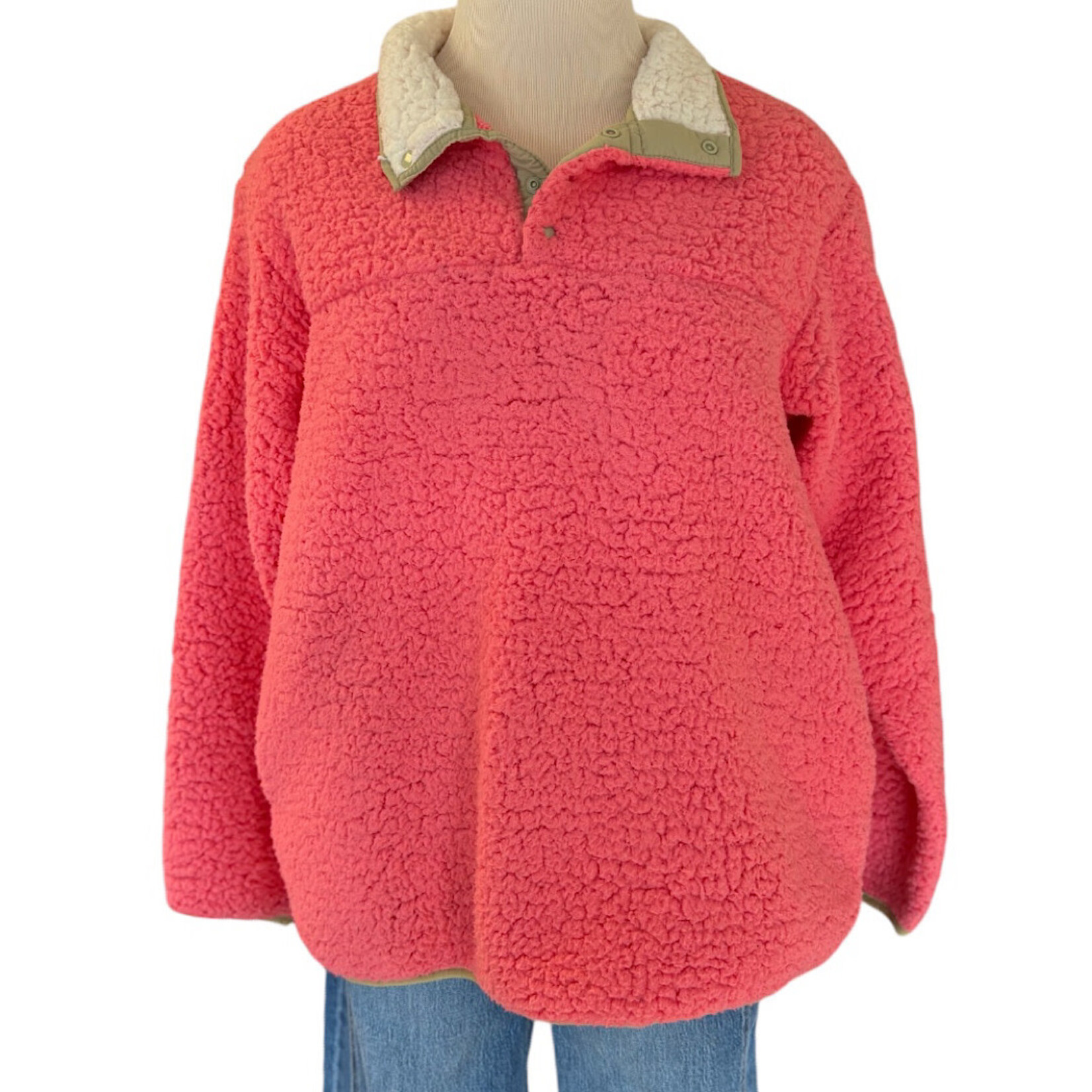 Jodifl Hot Pink Button Neck Sherpa Pullover Size Small-RF