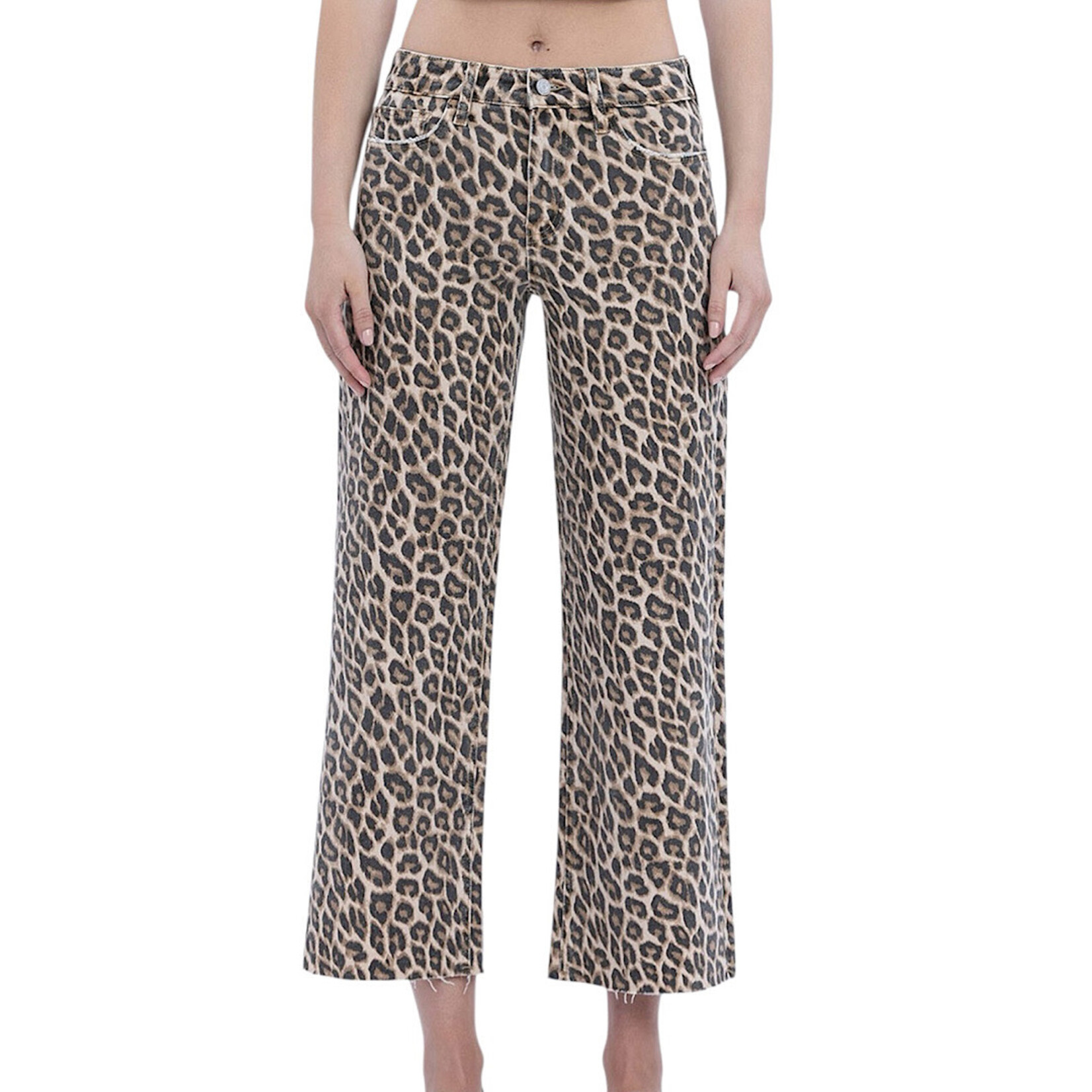 VERVET T5894LPD H/R Crop Wide Leg Leopard Print Jean