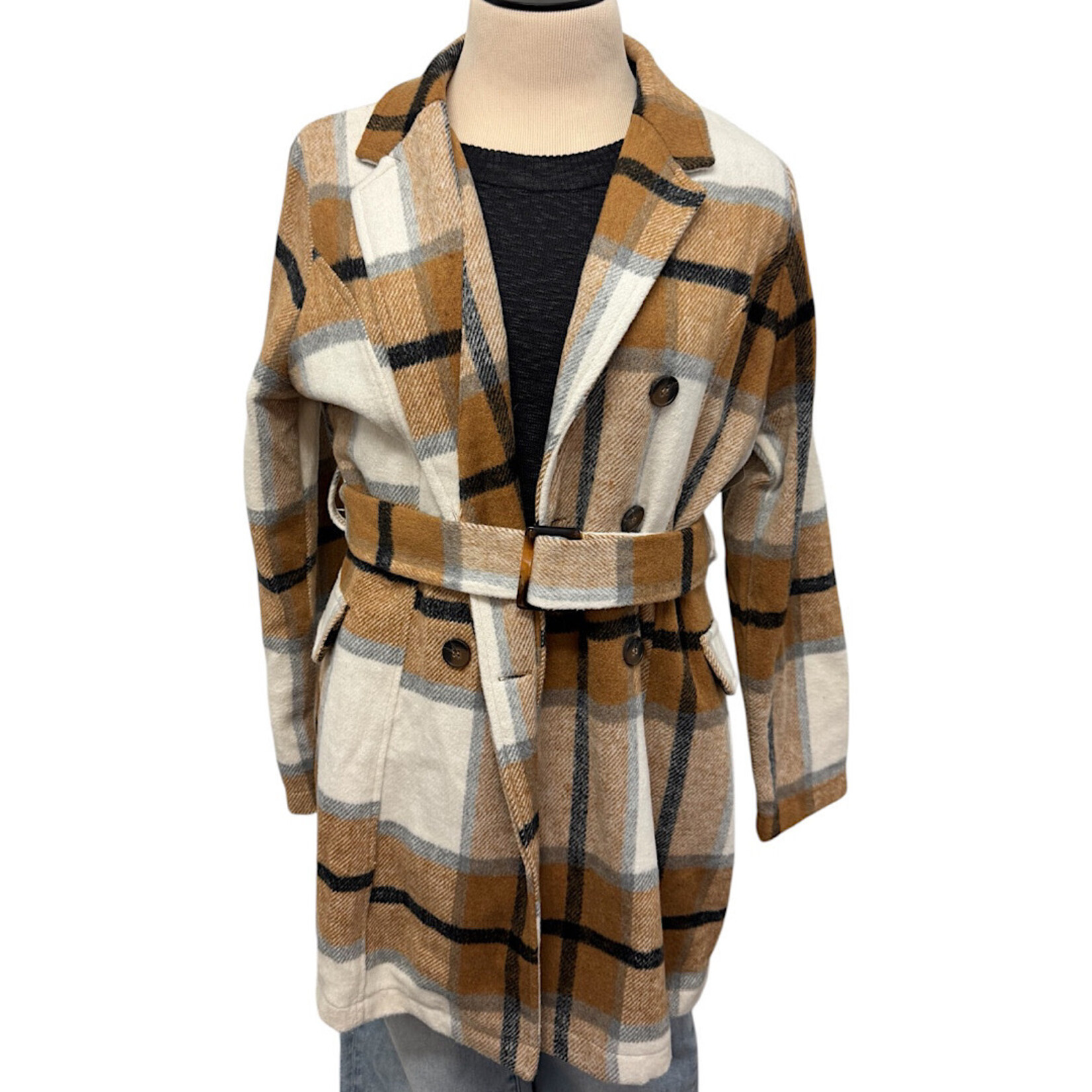 Hyfve Plaid Belted Button Front Coat Size Large-RF