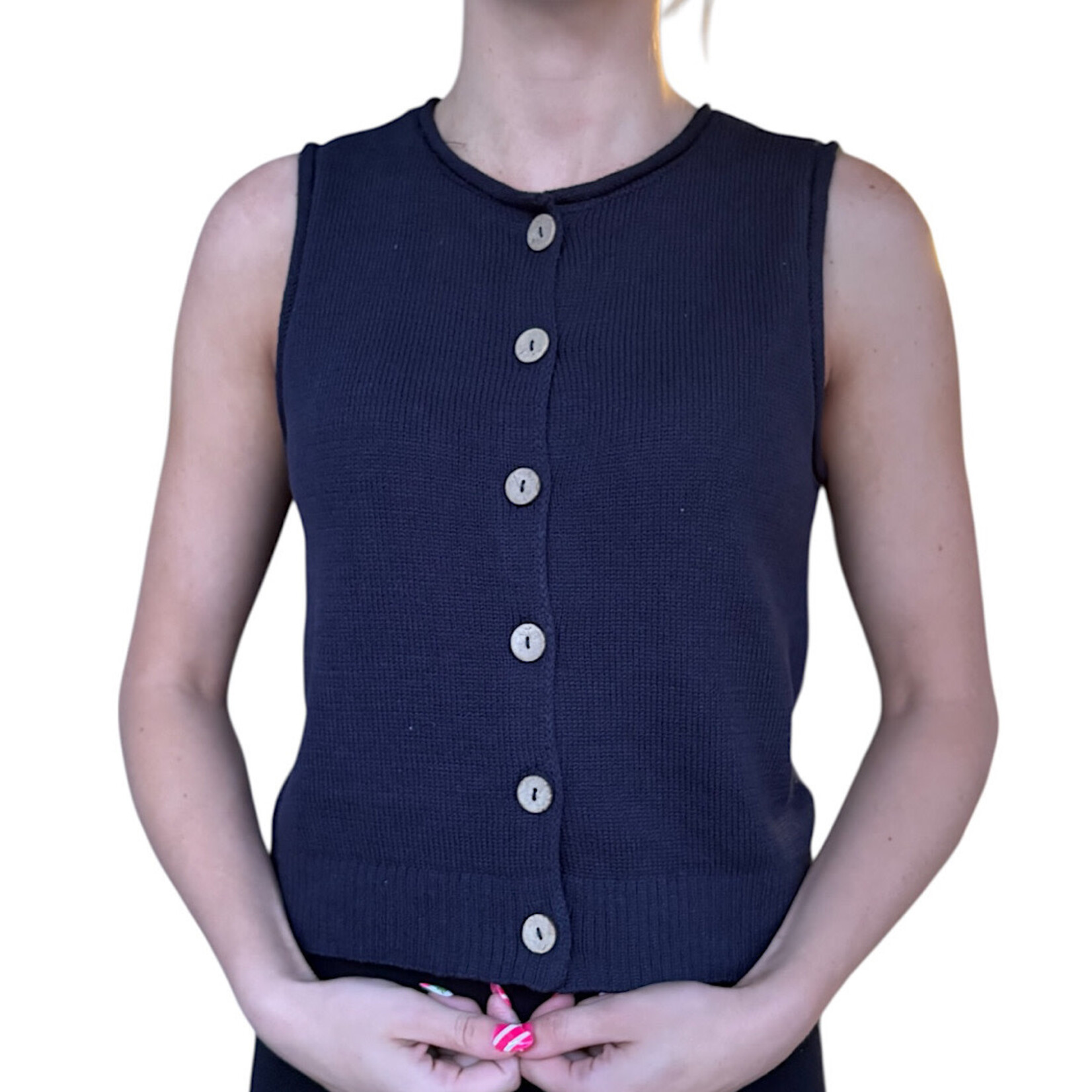 Navy Raw Edge Button Down Knit Cardigan Vest