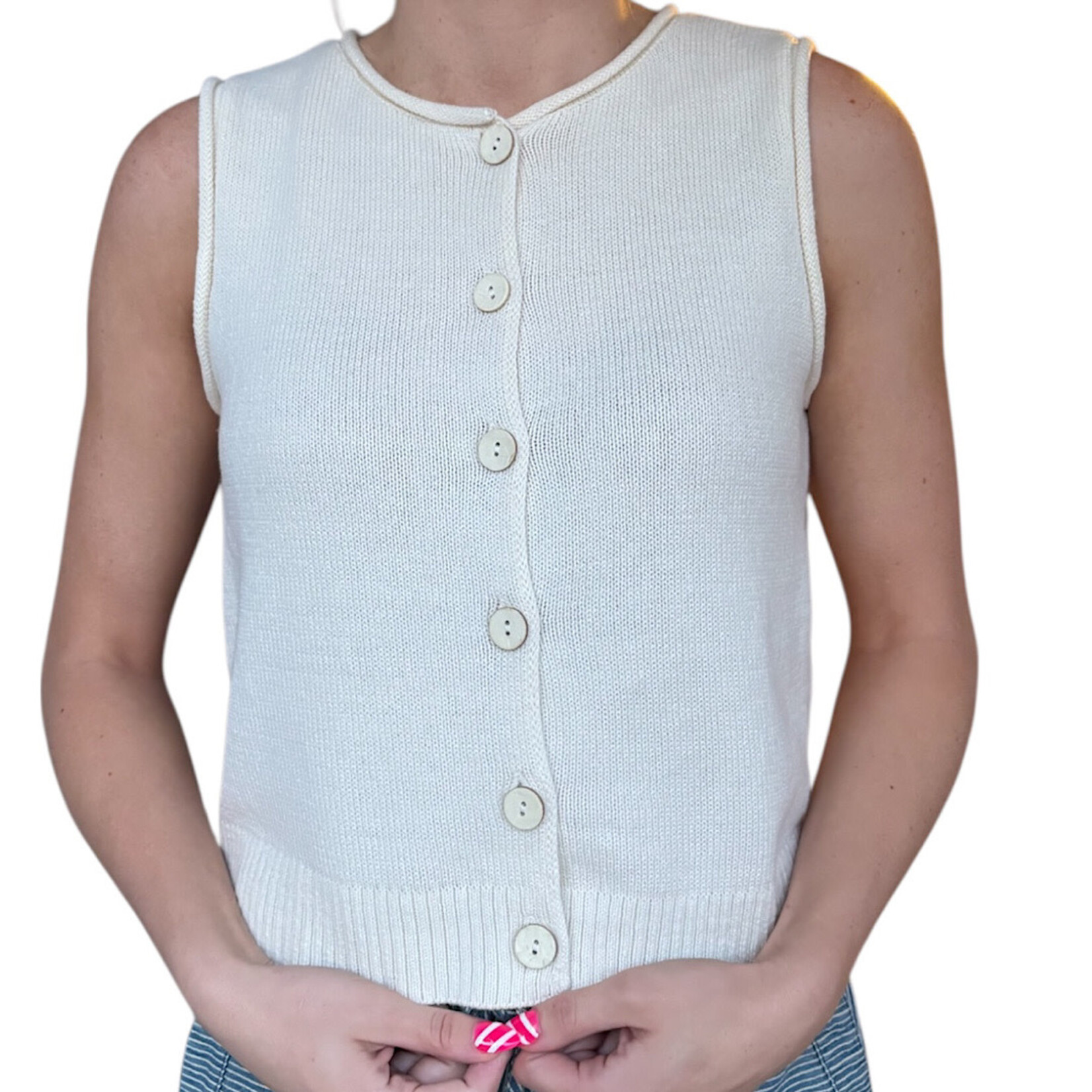 Cream Raw Edge Button Down Knit Cardigan Vest