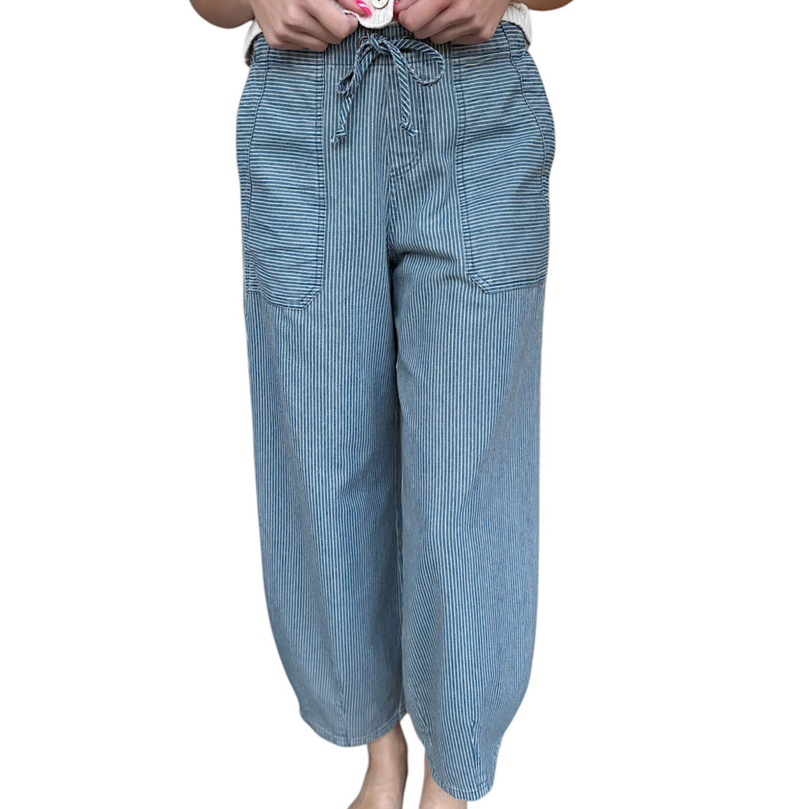 Denim Striped Parachute Pants with Waist Tie
