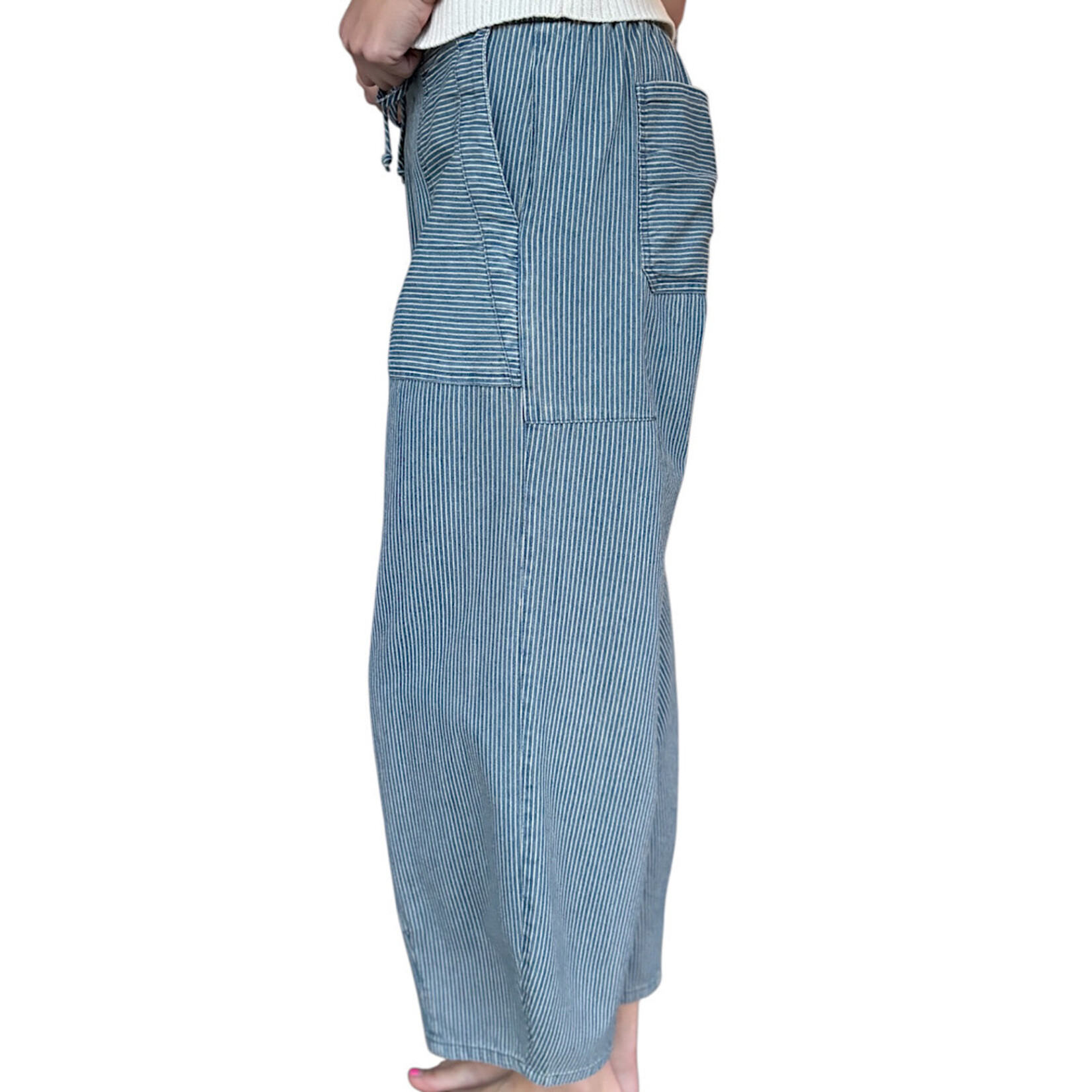 Denim Striped Parachute Pants with Waist Tie