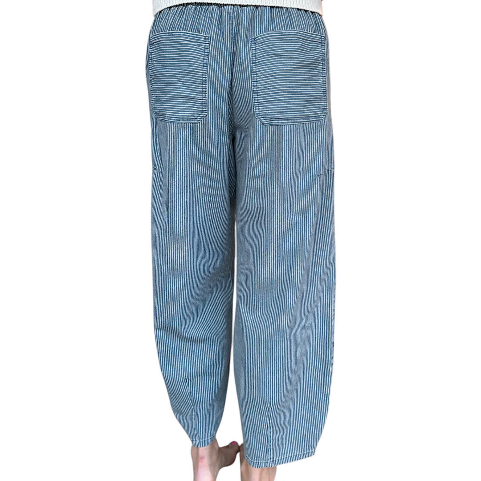 Denim Striped Parachute Pants with Waist Tie