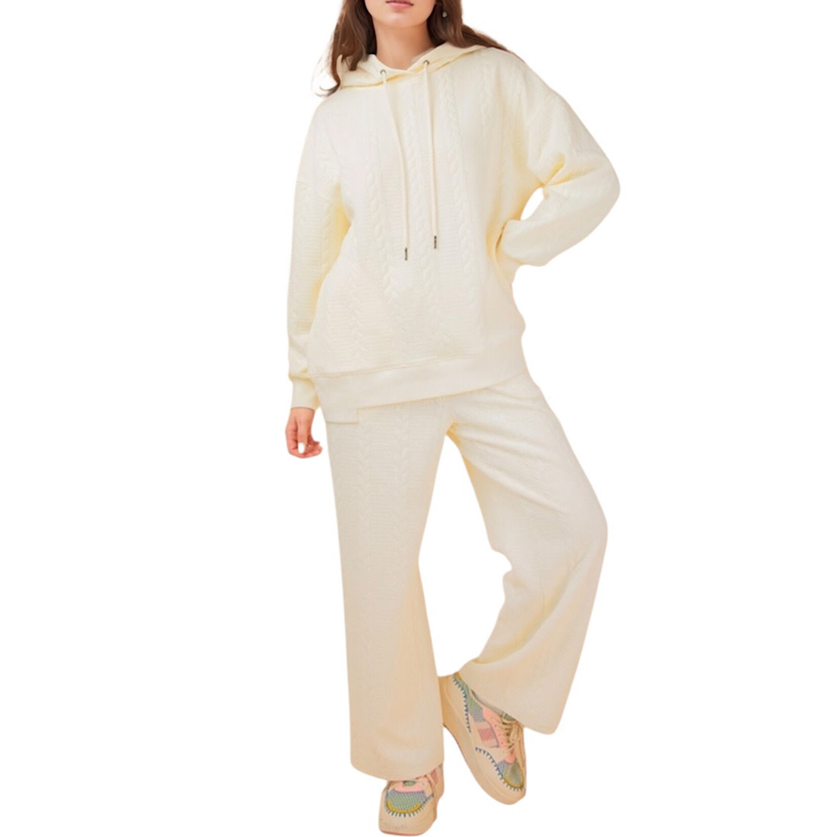 Cream Cable Knit Hooded Oversized Textured Pant Set