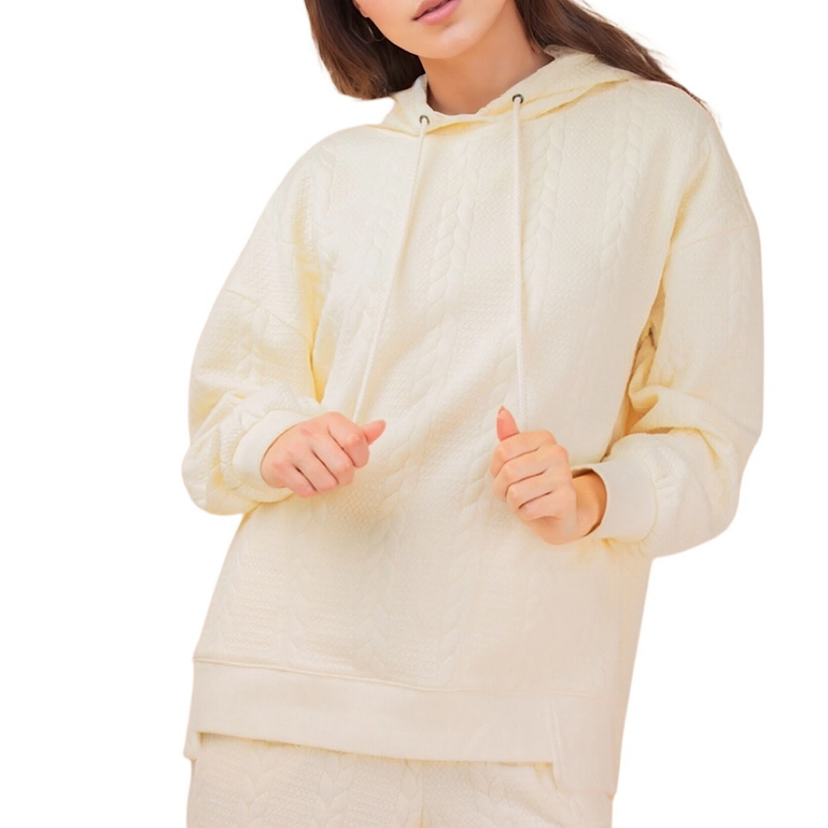 Cream Cable Knit Hooded Oversized Textured Pant Set