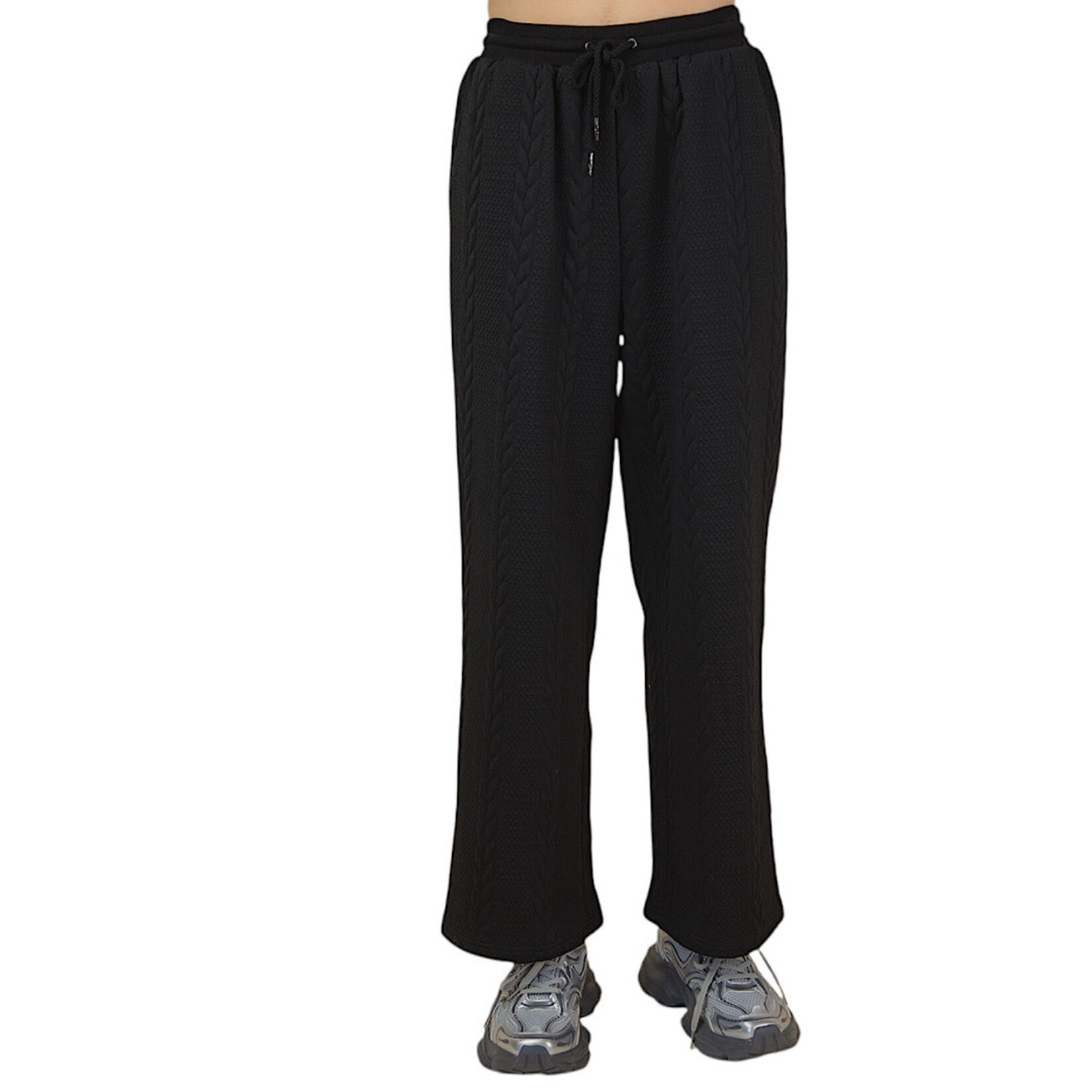 Black Cable Knit Hooded  Oversized Textured Pant Set