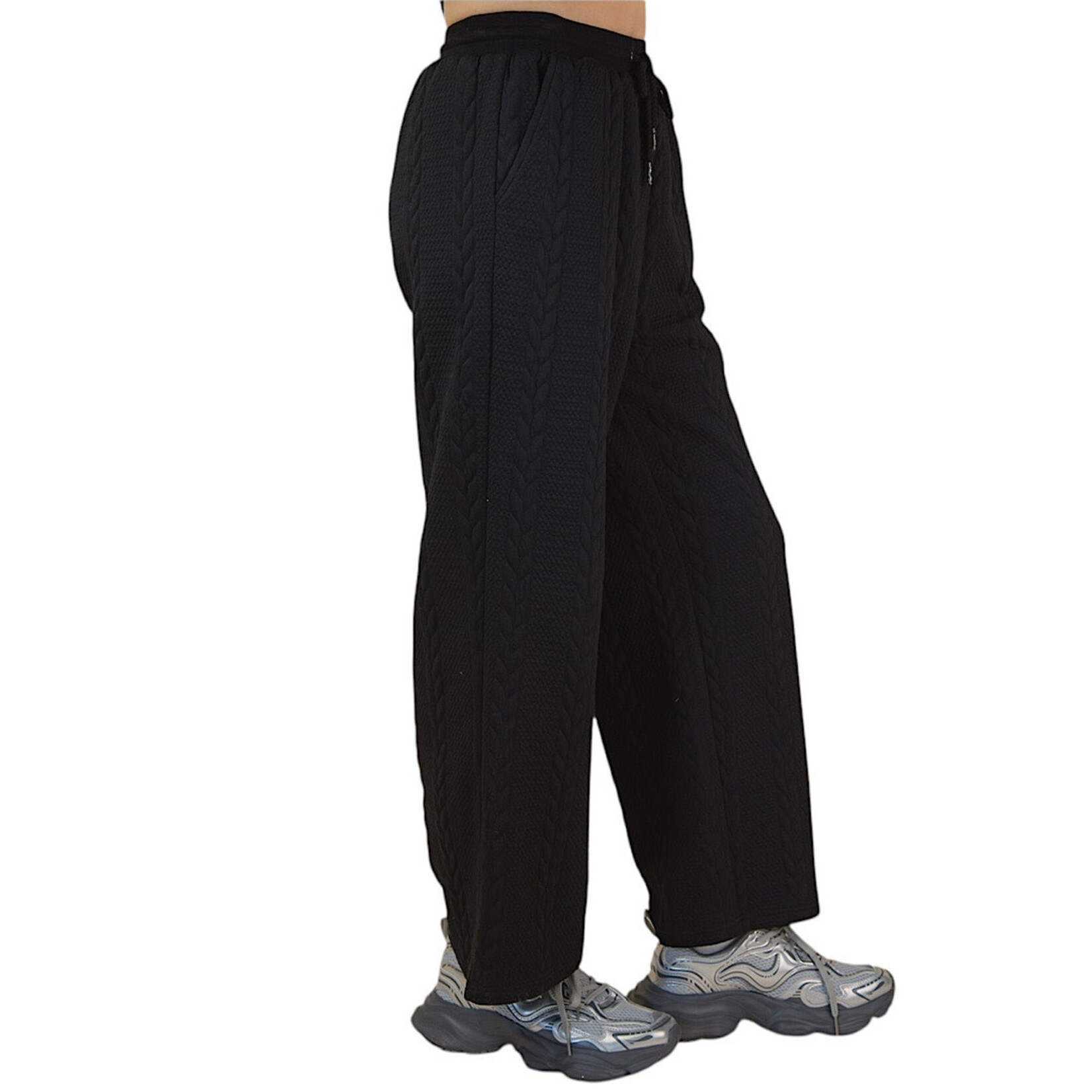 Black Cable Knit Hooded  Oversized Textured Pant Set