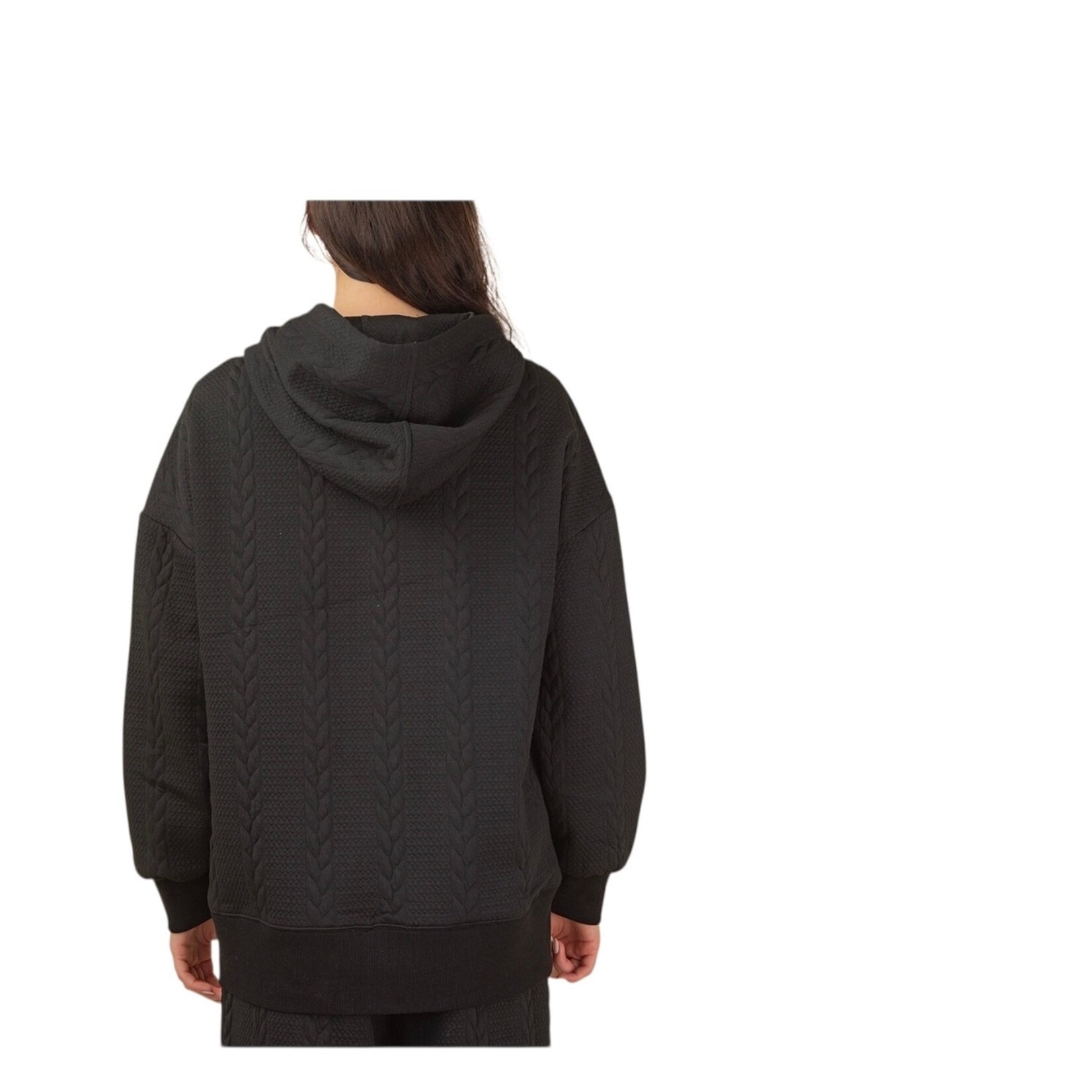 Black Cable Knit Hooded  Oversized Textured Pant Set