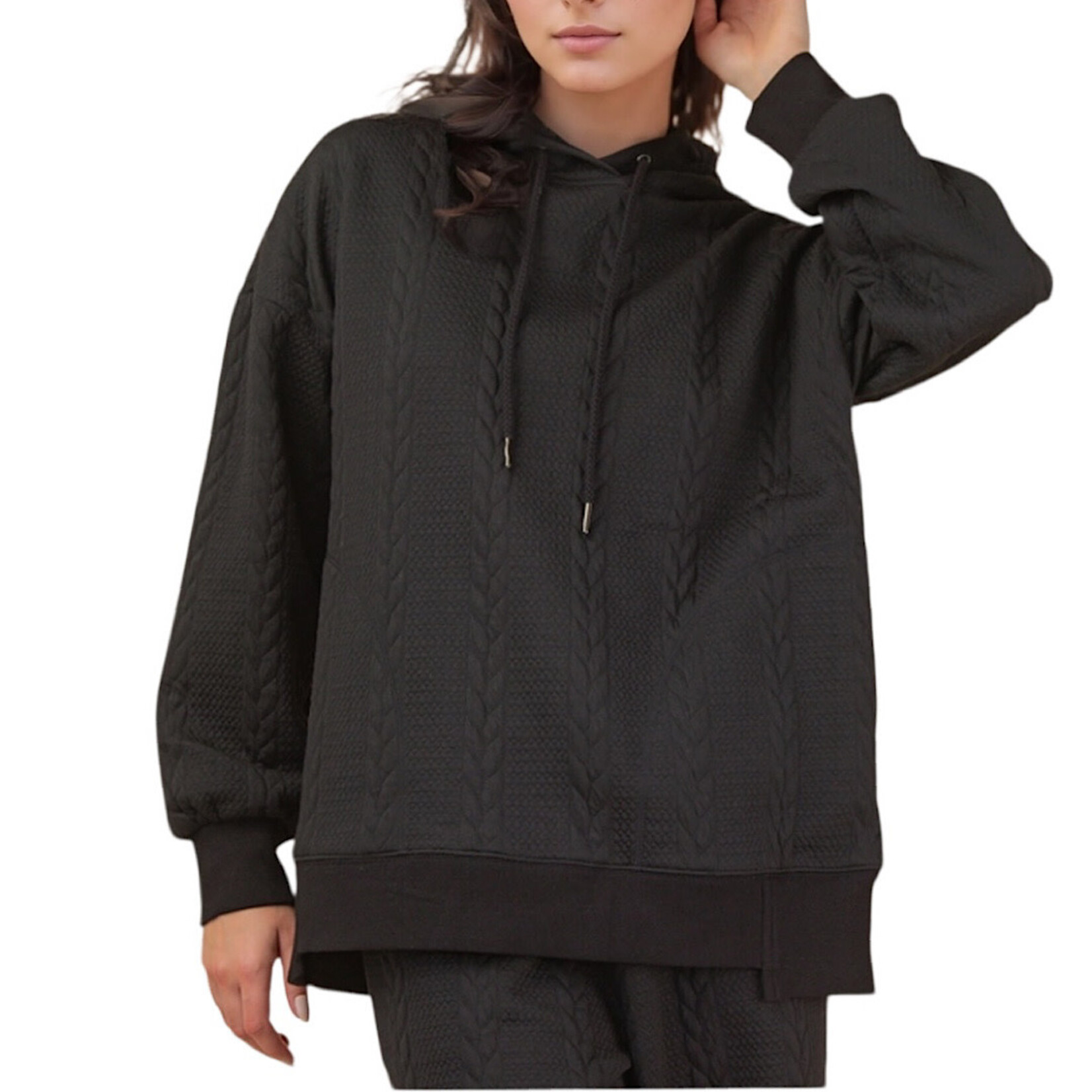 Black Cable Knit Hooded  Oversized Textured Pant Set