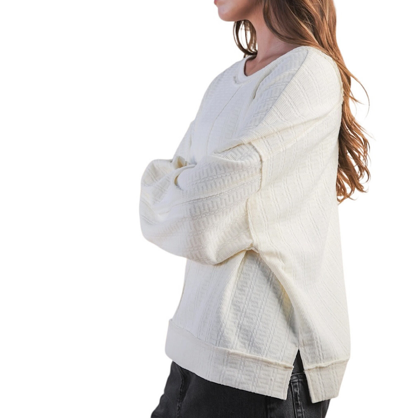 Raw Edge Cream Oversized Textured Knit Top