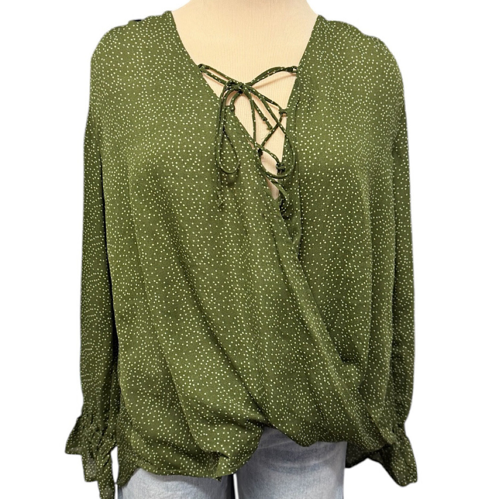 Umgee Olive Polka Dot Long Sleeve Blouse Size Small-RF