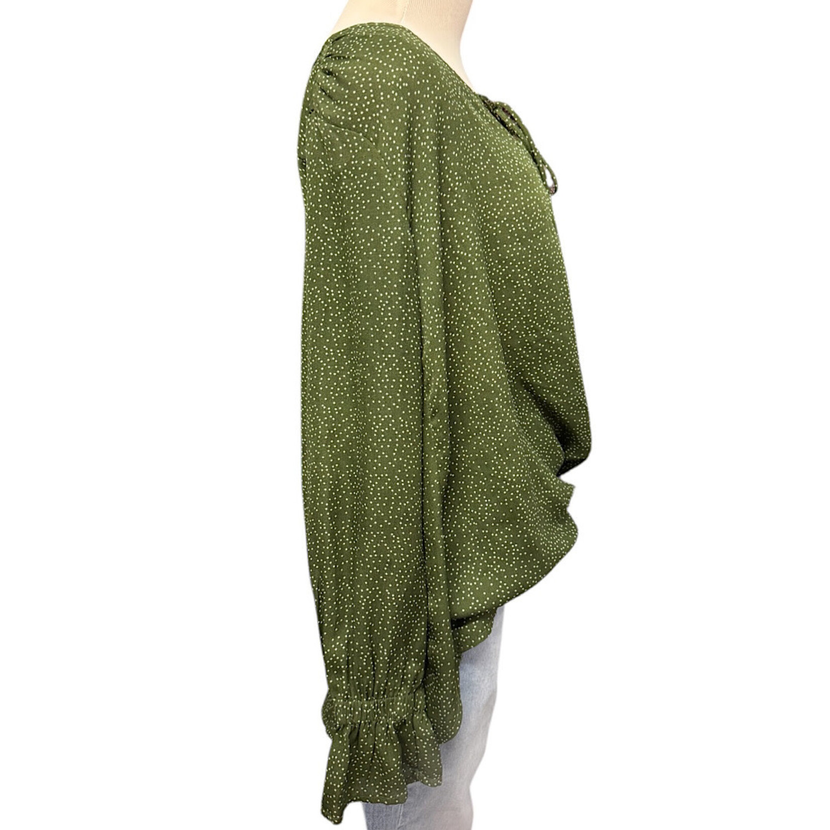Umgee Olive Polka Dot Long Sleeve Blouse Size Small-RF