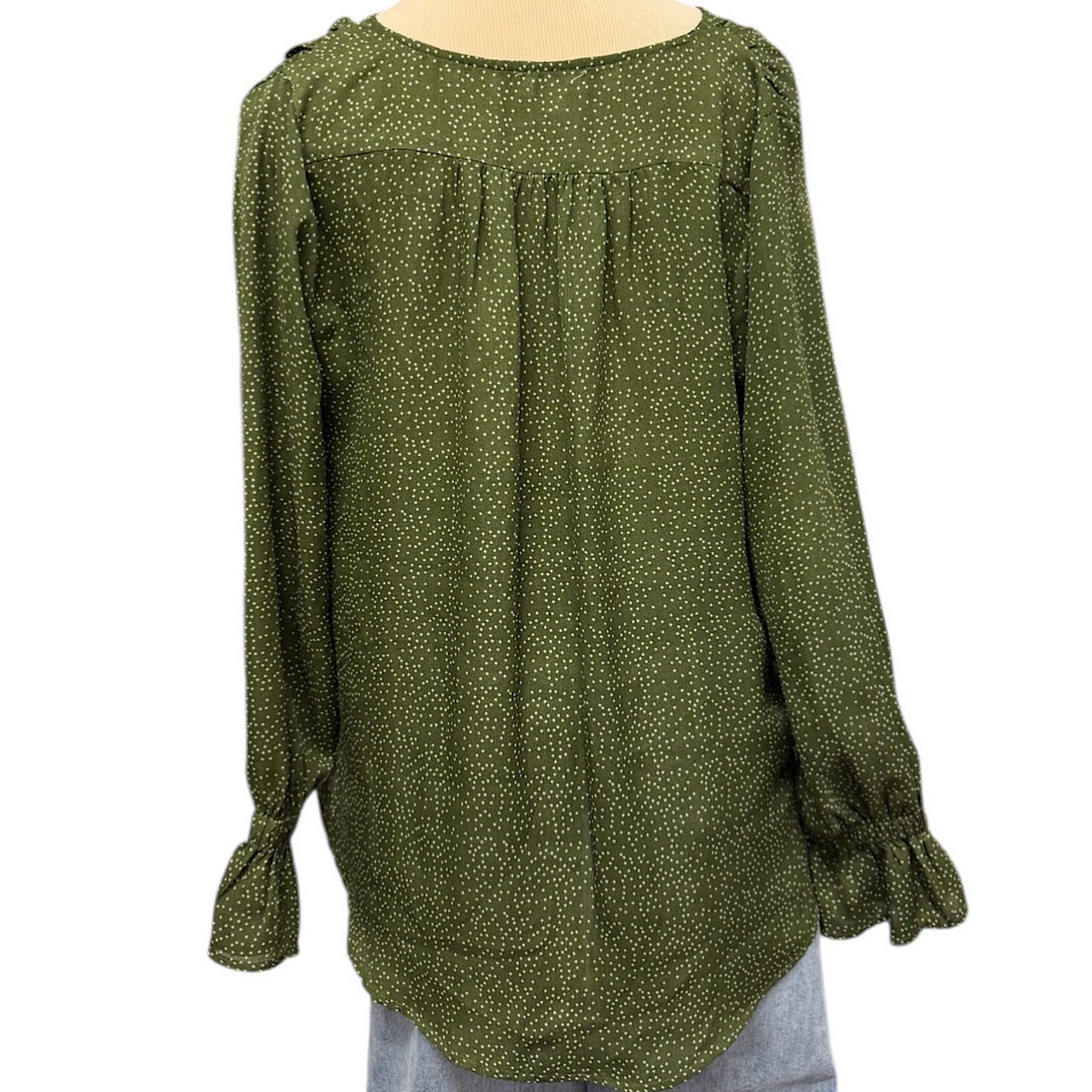 Umgee Olive Polka Dot Long Sleeve Blouse Size Small-RF