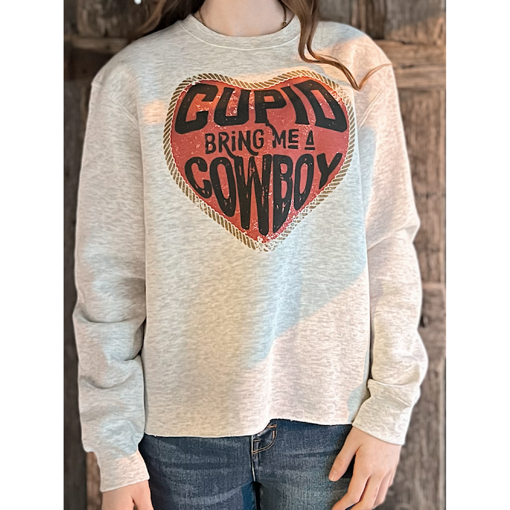 Grey Cupid Cowboy Valentine's Day Cropped Sweatshirt