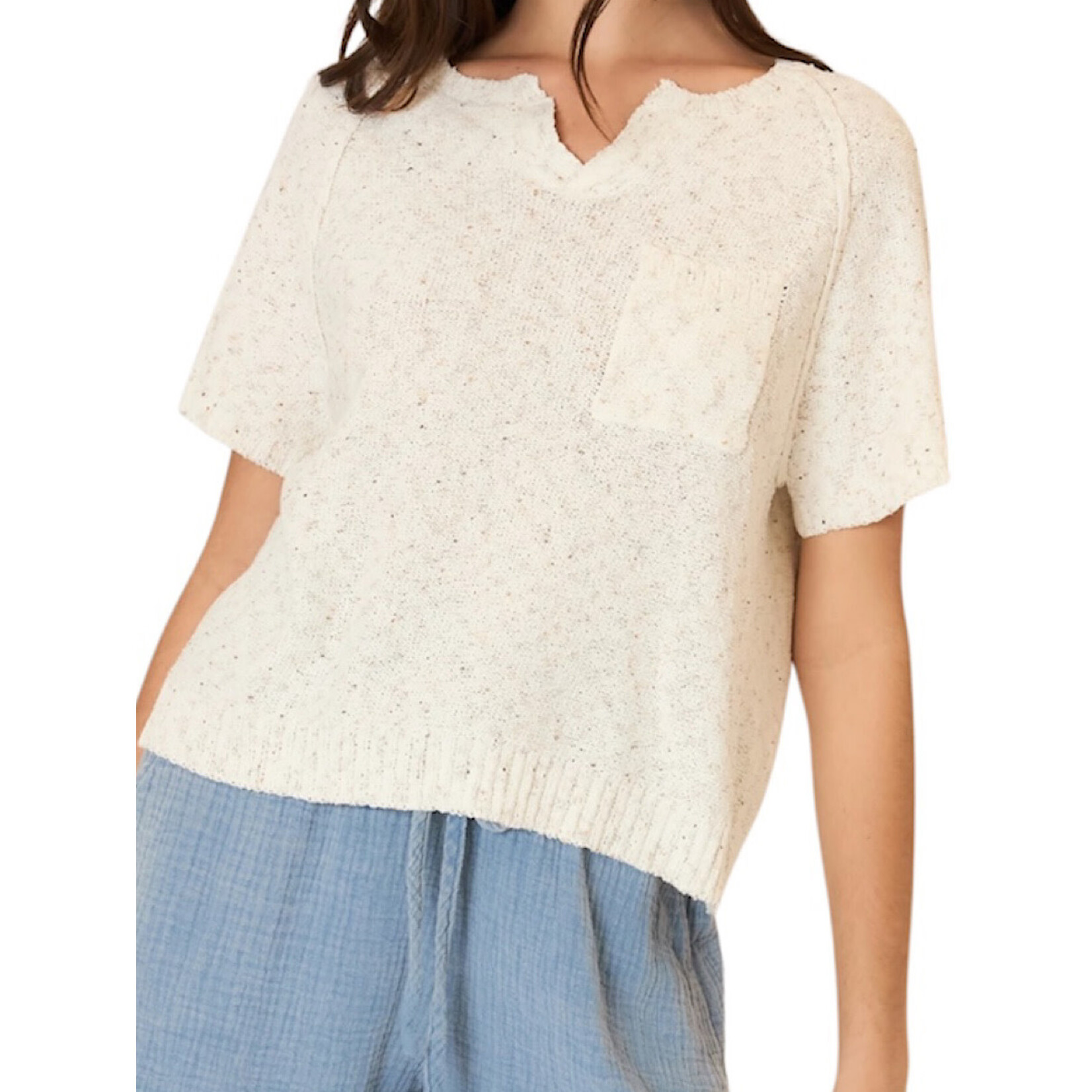 Oatmeal Light Knit Melange Short Sleeve Top