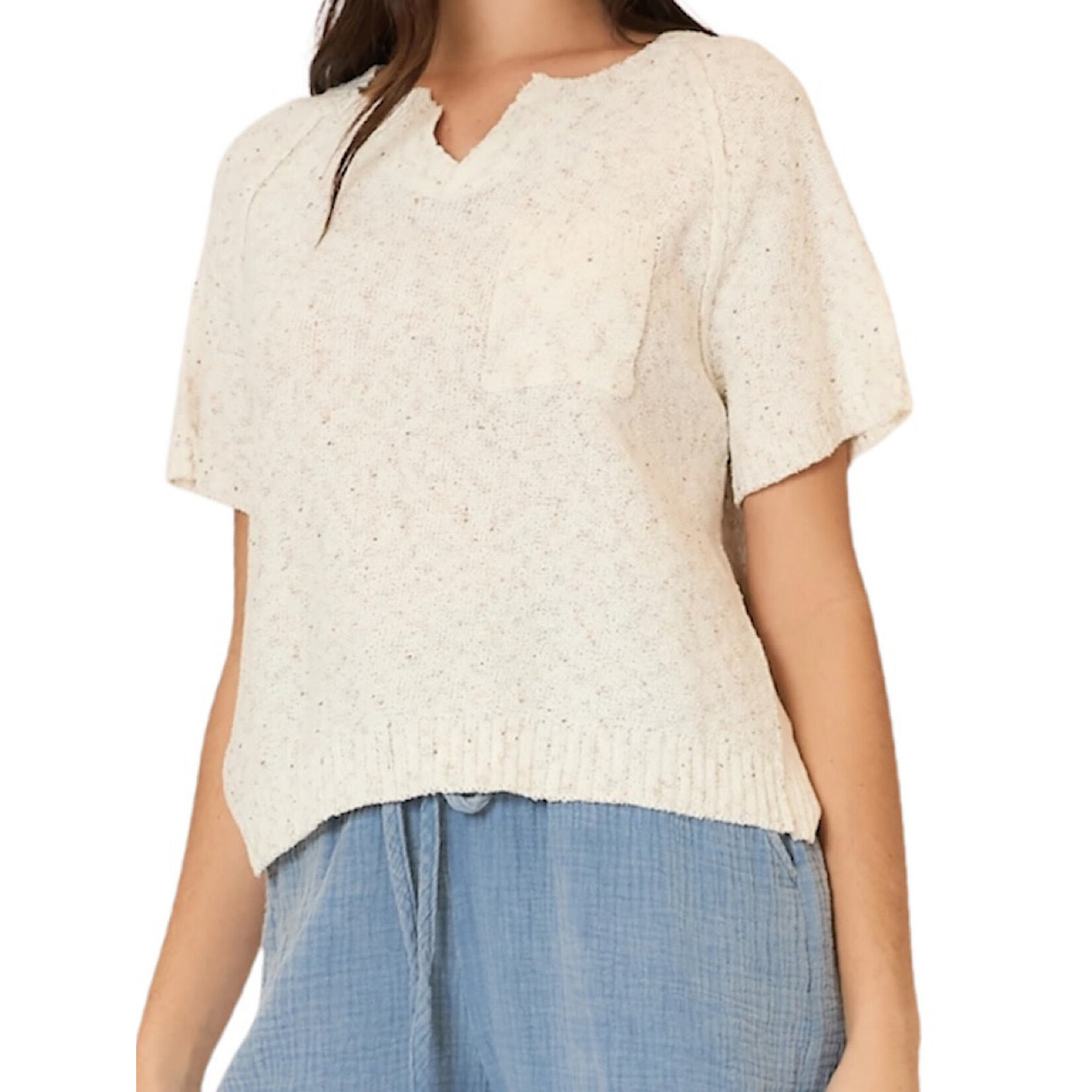 Oatmeal Light Knit Melange Short Sleeve Top