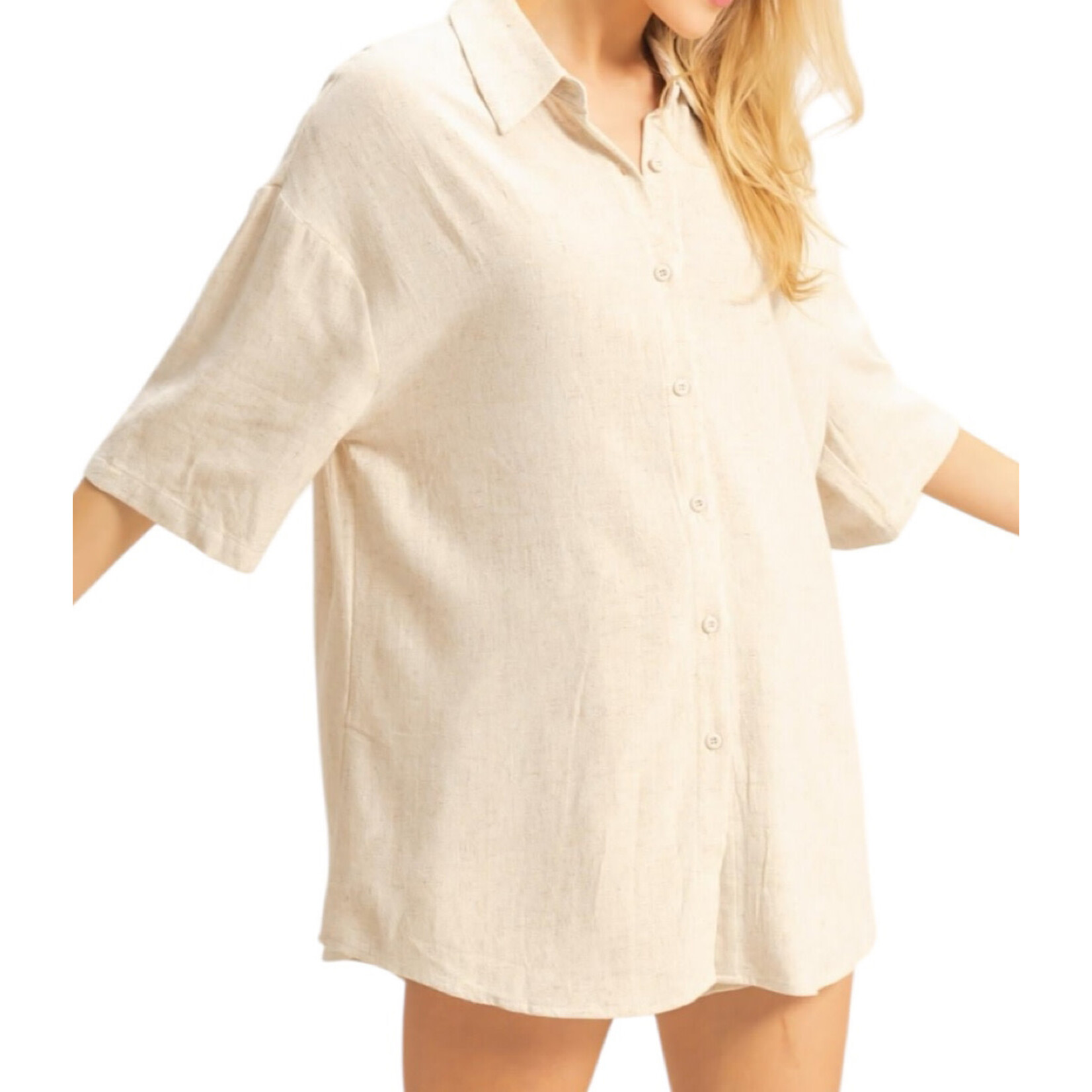 Oatmeal Linen Button Up Short Sleeve Top