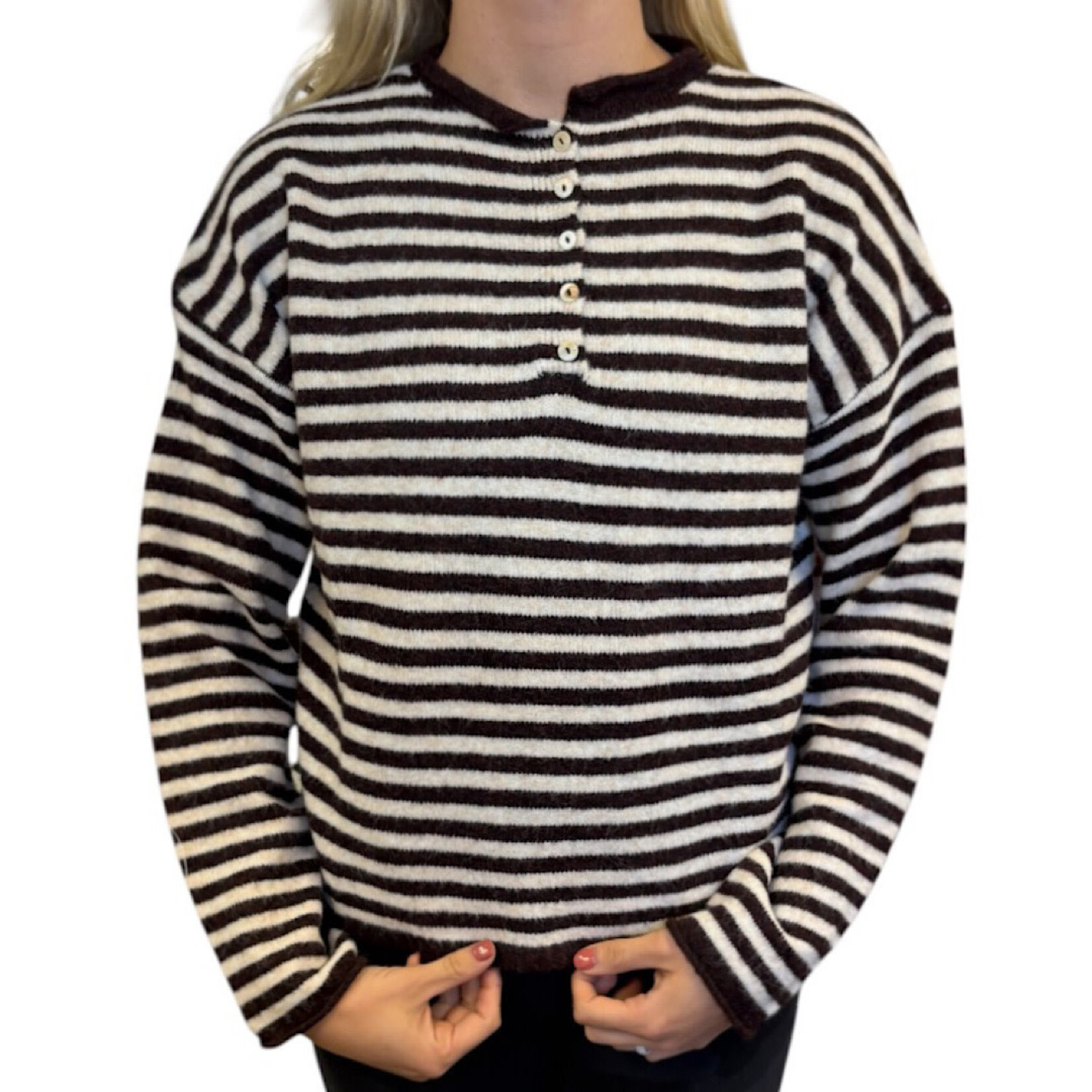 Dark Wine Striped Henley Pull Over Sweater