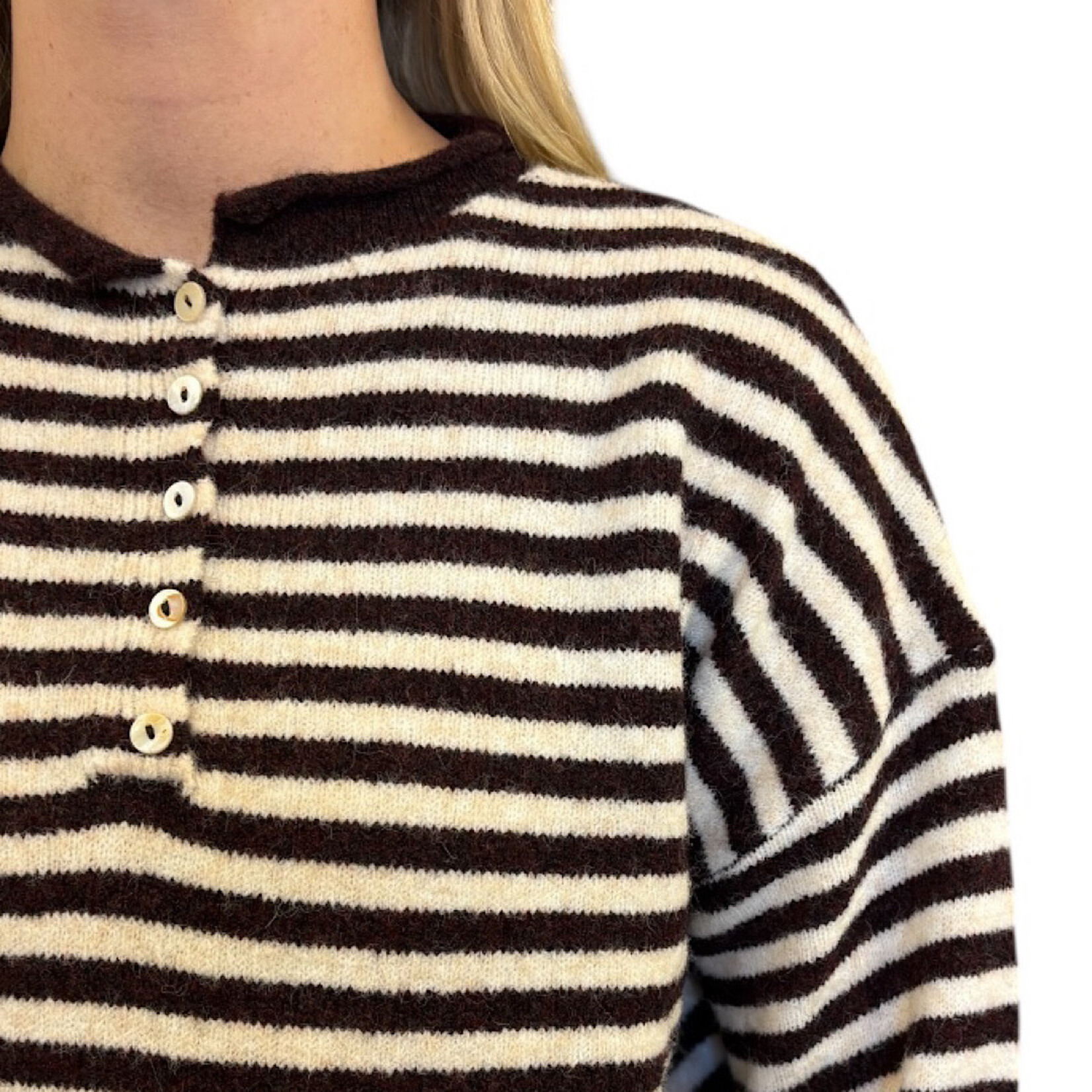 Dark Wine Striped Henley Pull Over Sweater