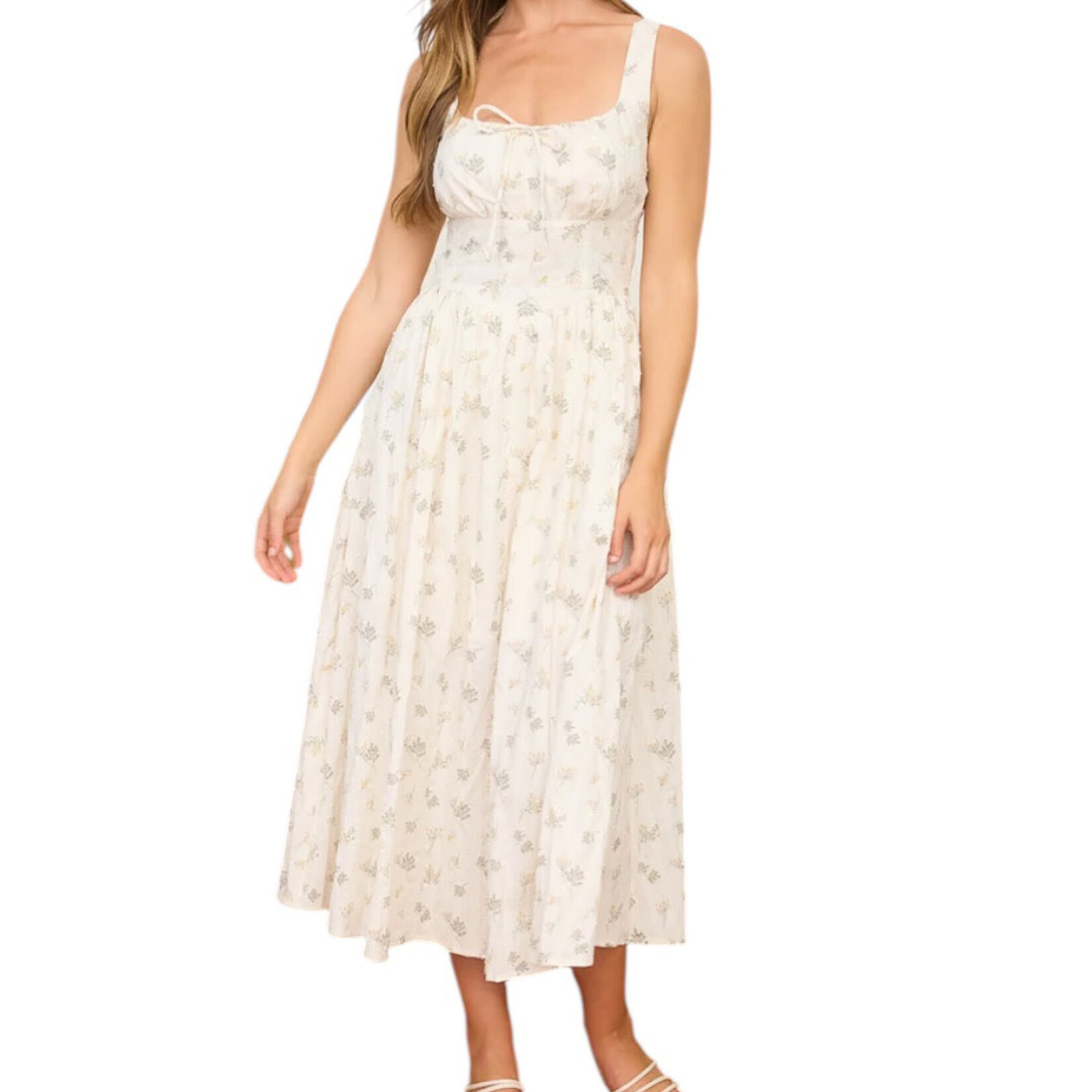 Cream Multi Floral Front Tie Corset Detail Midi Dress