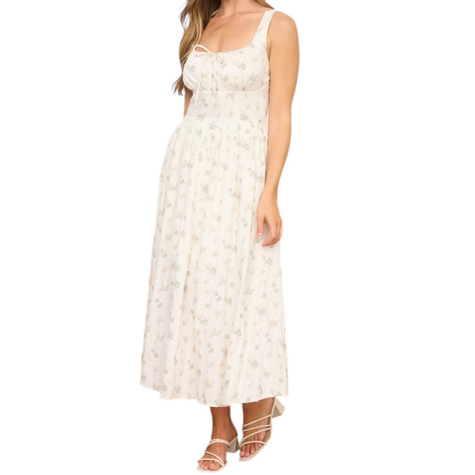 Cream Multi Floral Front Tie Corset Detail Midi Dress