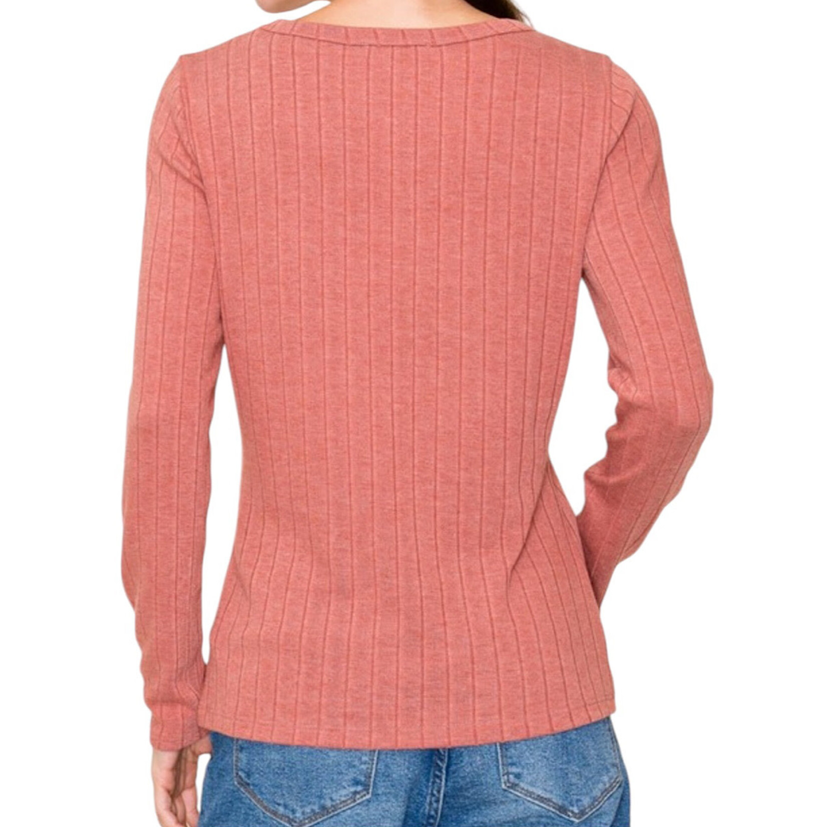 Brick Crew Neck Long Sleeve Ribbed Basic Top