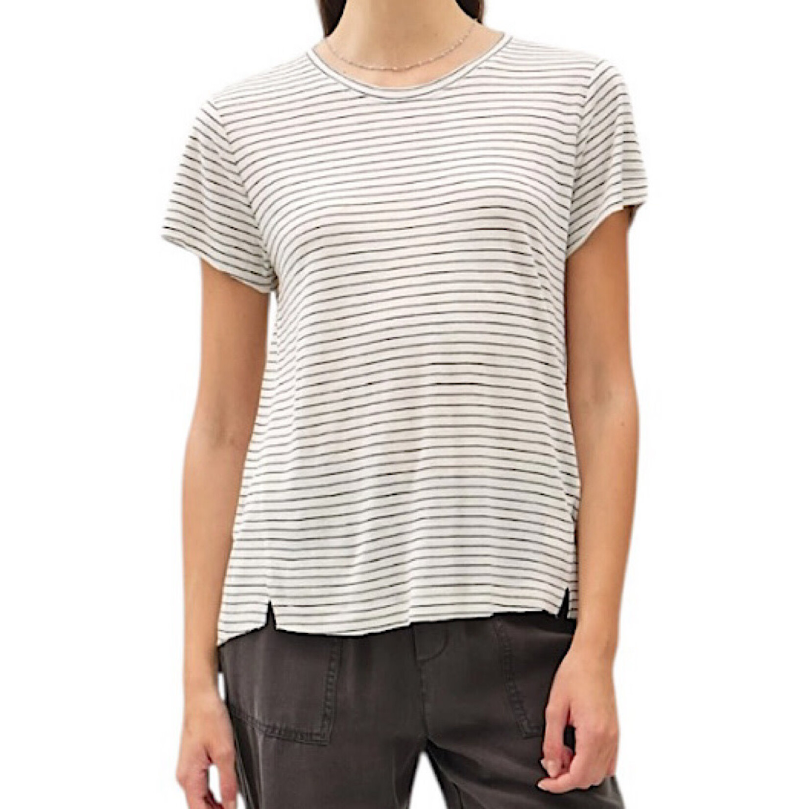 Charcoal Lightweight Striped Round Neck Relaxed Fit Tee