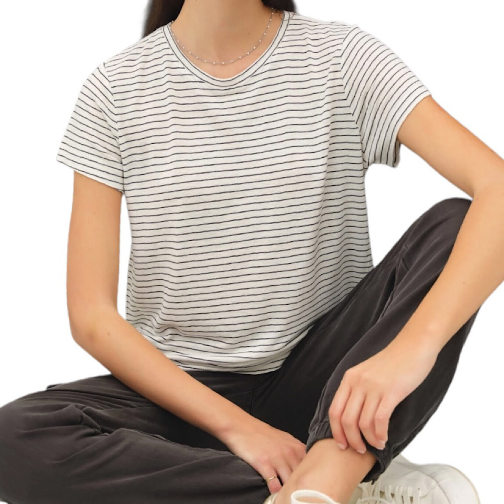 Charcoal Lightweight Striped Round Neck Relaxed Fit Tee