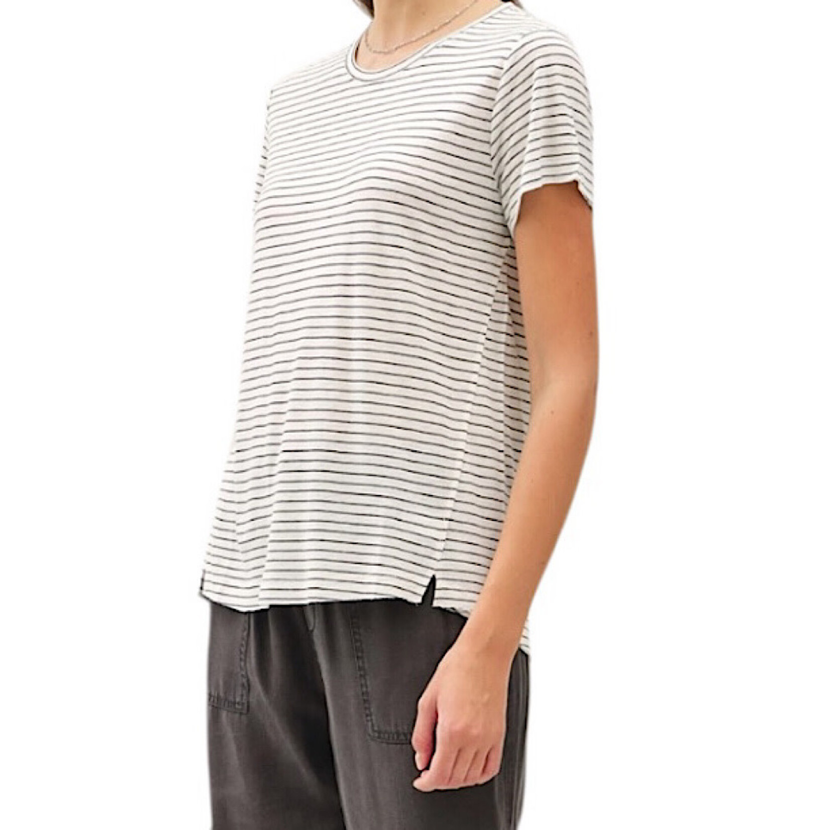 Charcoal Lightweight Striped Round Neck Relaxed Fit Tee