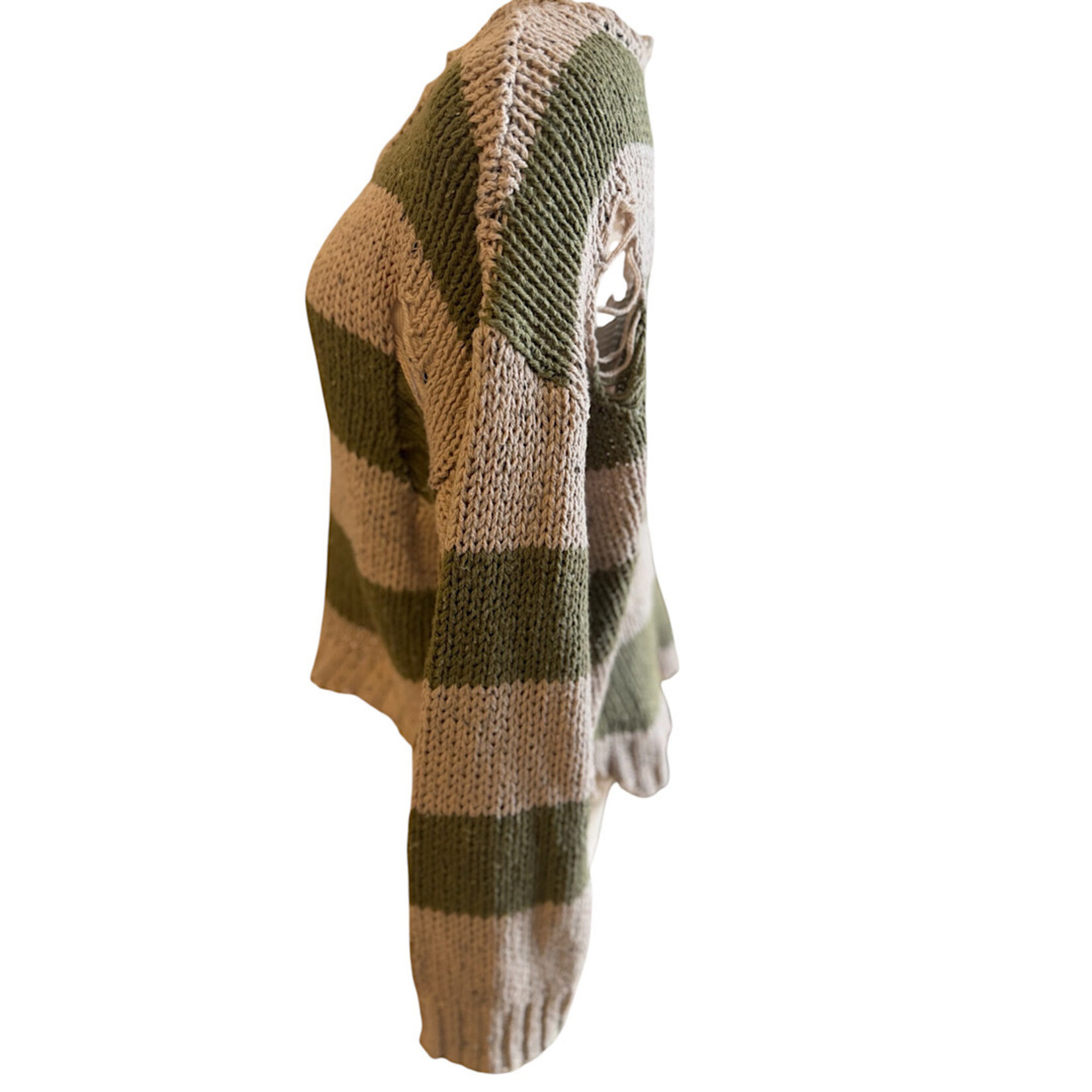 Olive/ Taupe Stripe Knit Cutout Sweater Size M- RF