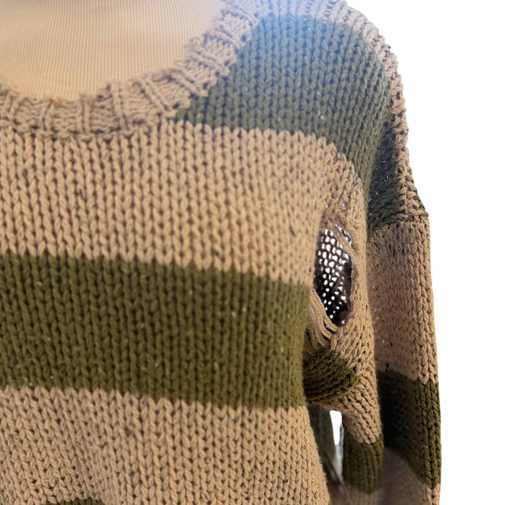 Olive/ Taupe Stripe Knit Cutout Sweater Size M- RF