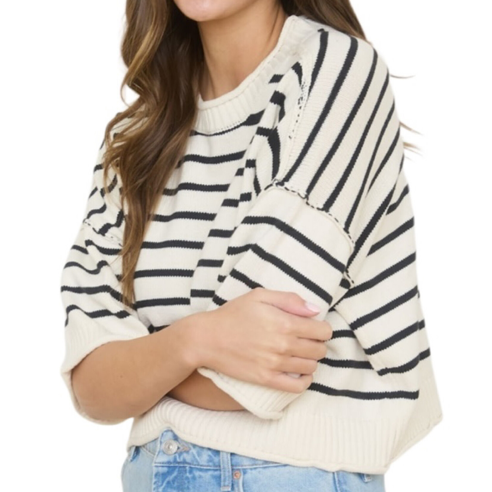 Striped  Dropped Shoulder Short Sleeve Sweater
