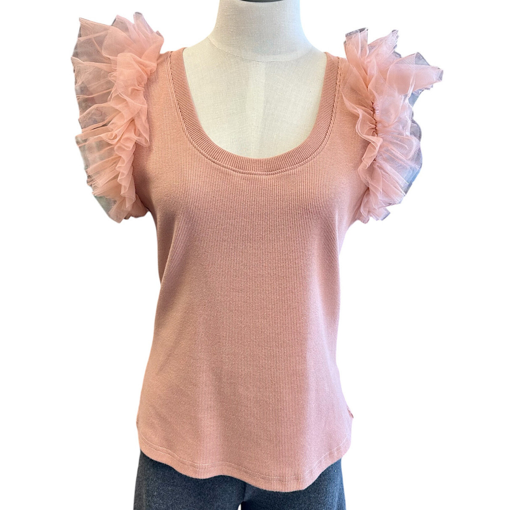 Dusty Rose Mesh Ruffle Detailed Sleeve Top