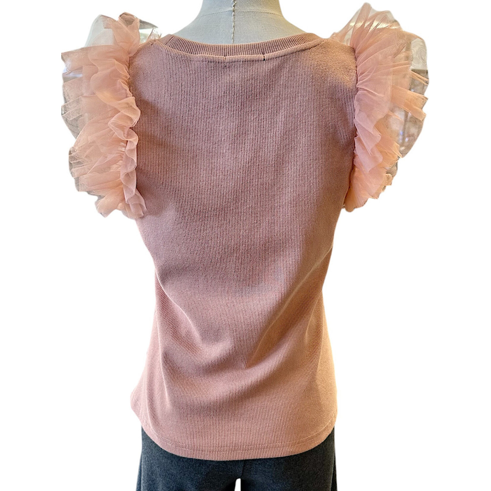 Dusty Rose Mesh Ruffle Detailed Sleeve Top