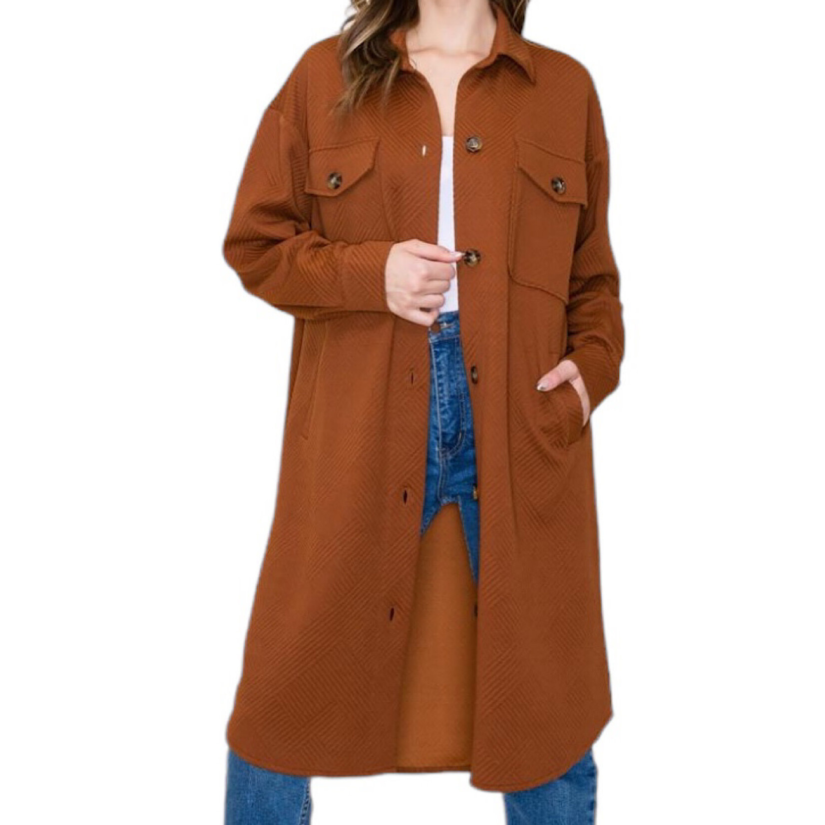 Copper Collared Button Down Long Jacket with Double Chest Pockets