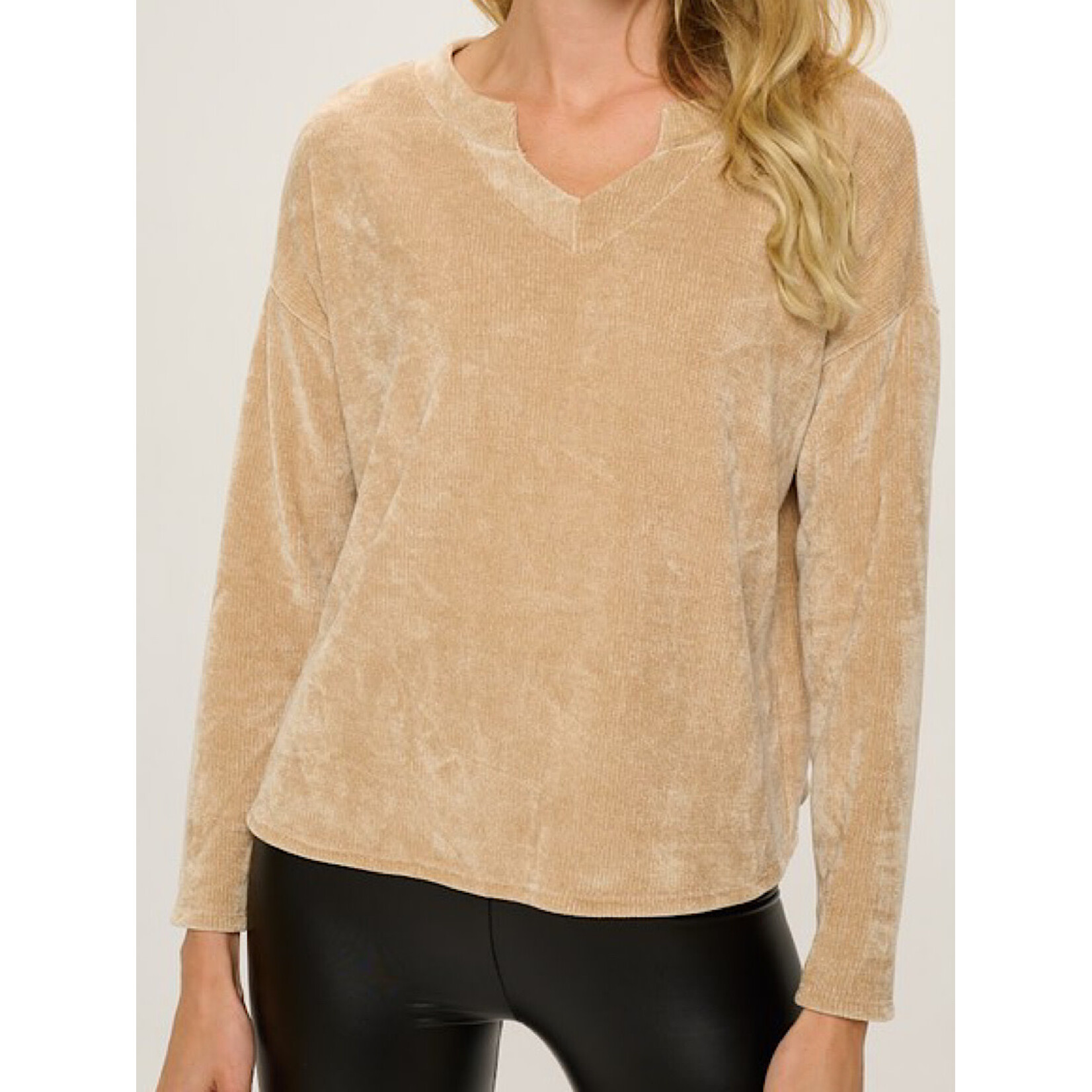 Taupe Round V Neck Long Sleeve Top