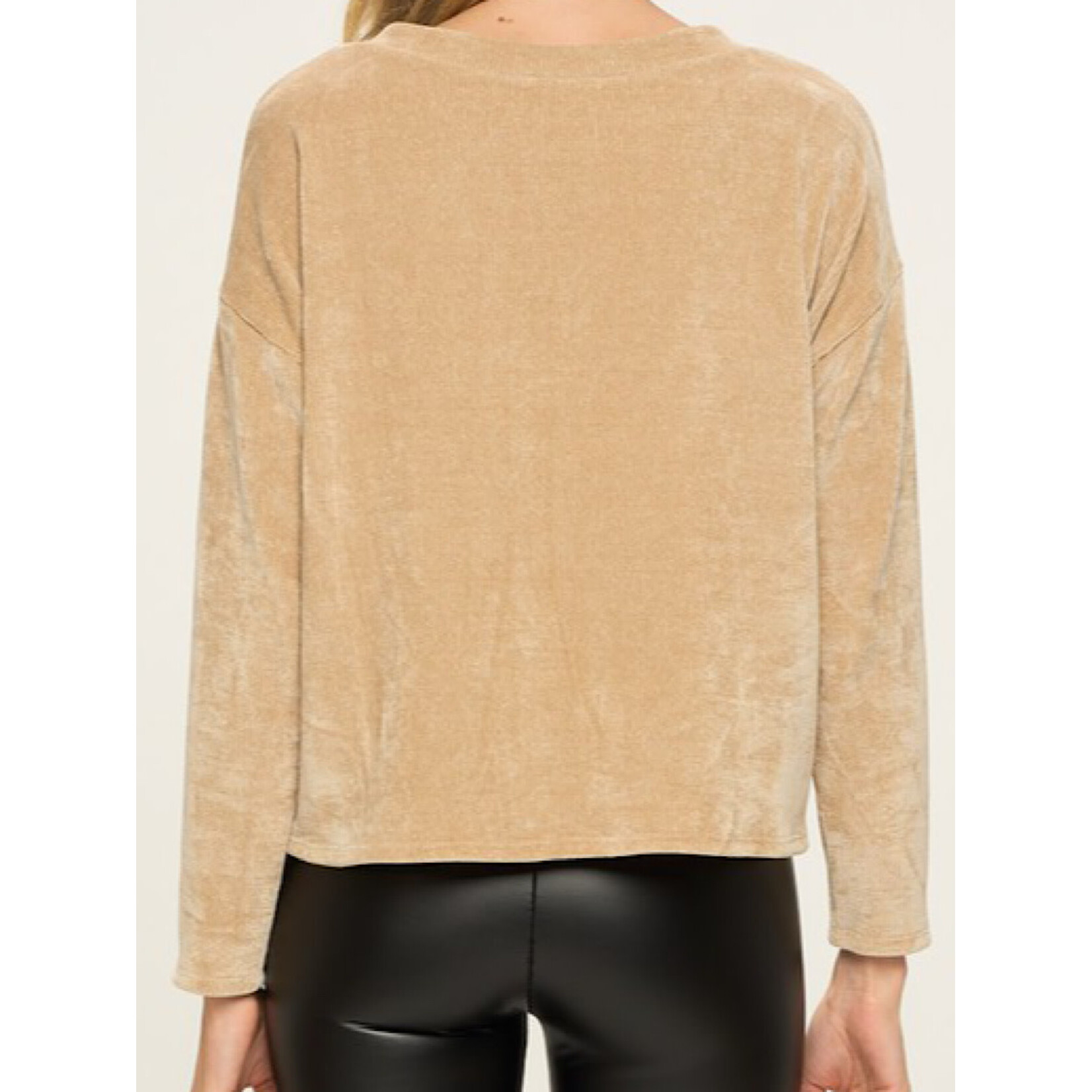 Taupe Round V Neck Long Sleeve Top
