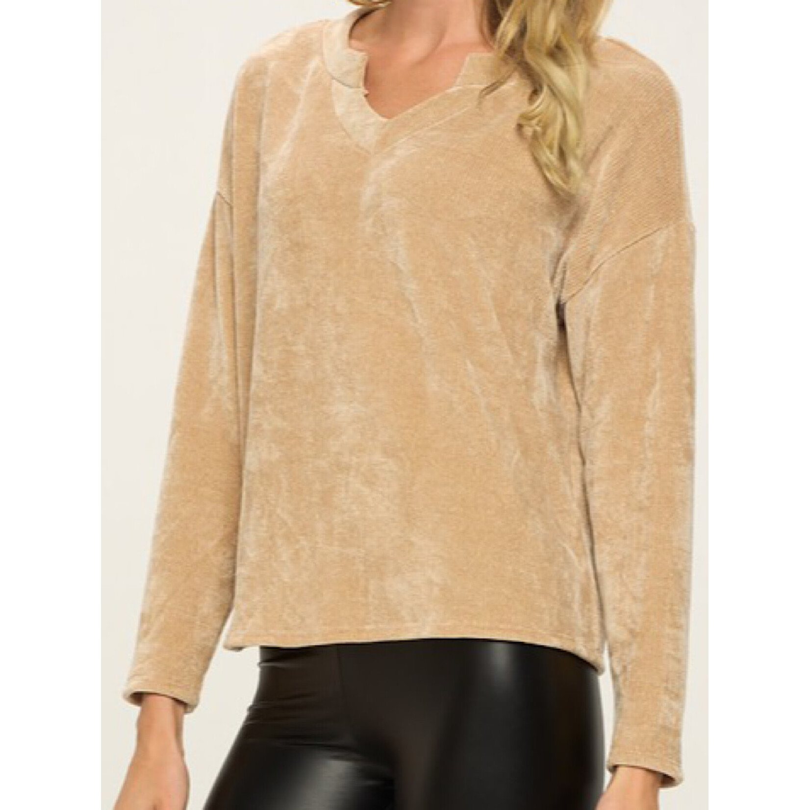 Taupe Round V Neck Long Sleeve Top