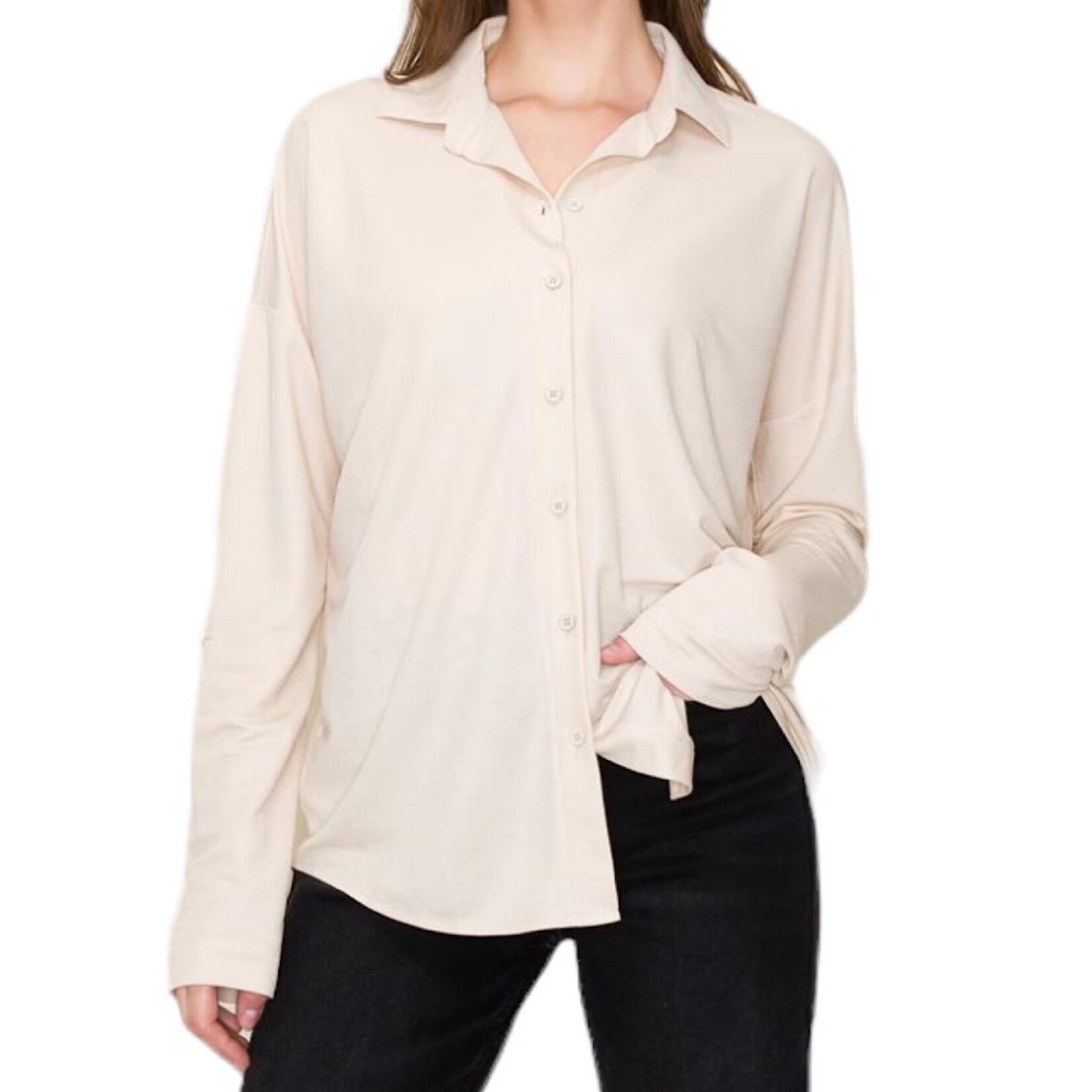 Taupe Oversized Button Down Shirt with Roll Tab
