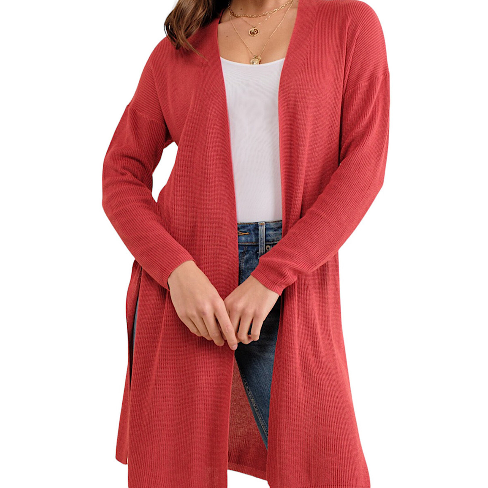 Coral Knit Cardigan with High Side Slit