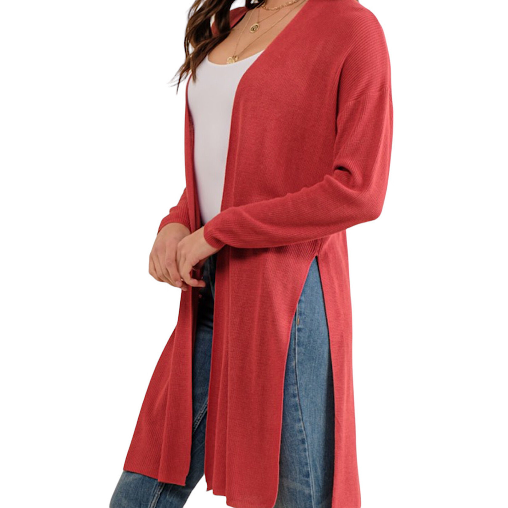 Coral Knit Cardigan with High Side Slit