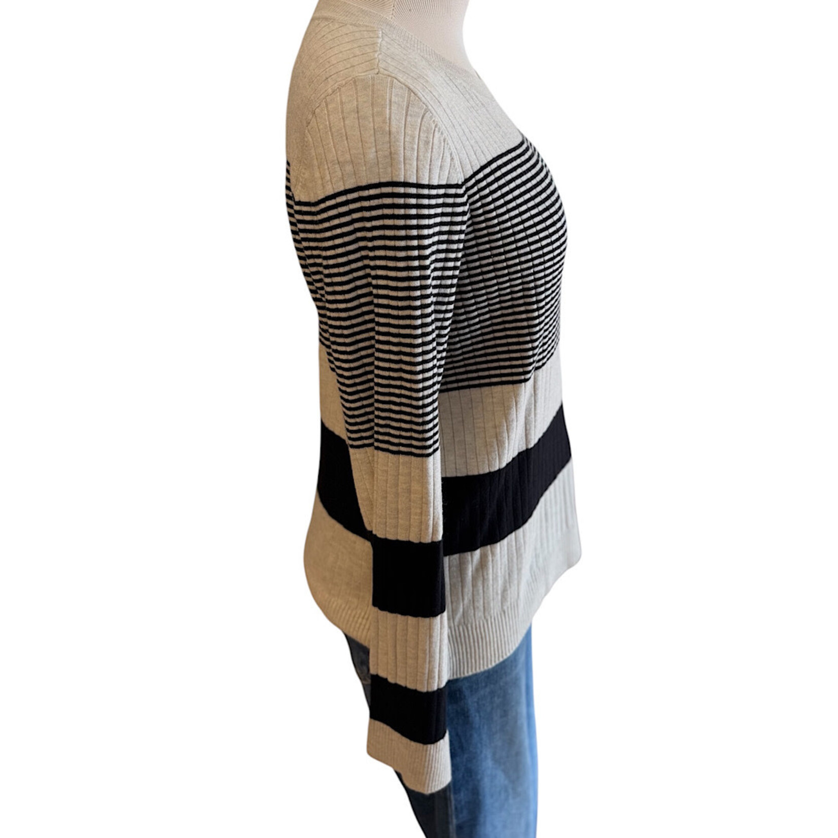 Taupe Ribbed With Black Detail Long Sleeve Sweater Size Small-RF