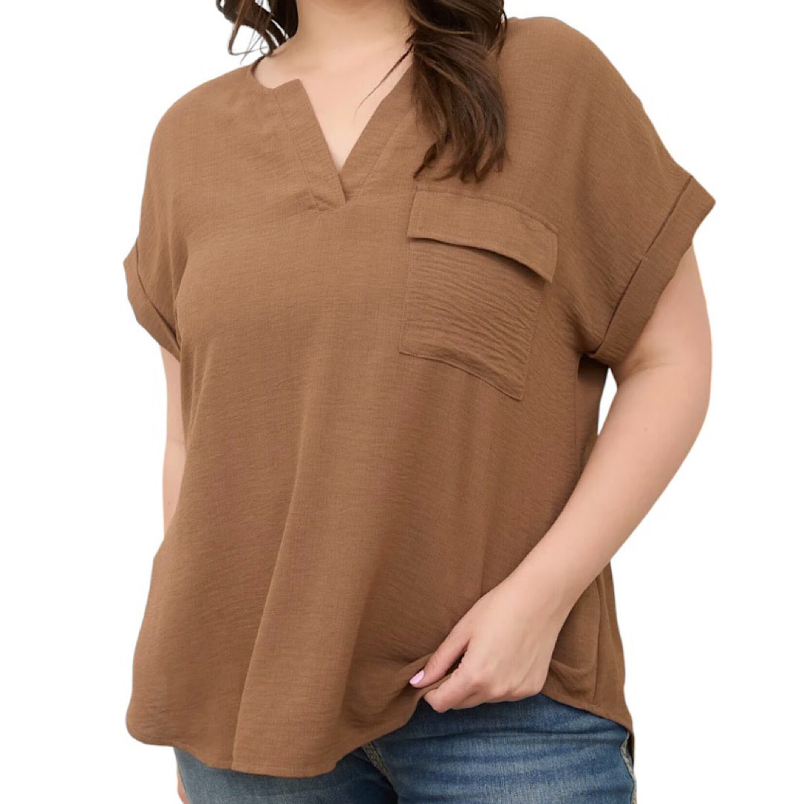 Plus Brown Split Neck Back Button Short Fold Sleeve Top