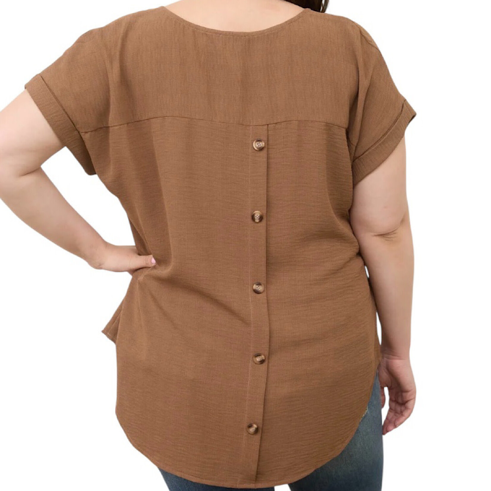 Plus Brown Split Neck Back Button Short Fold Sleeve Top